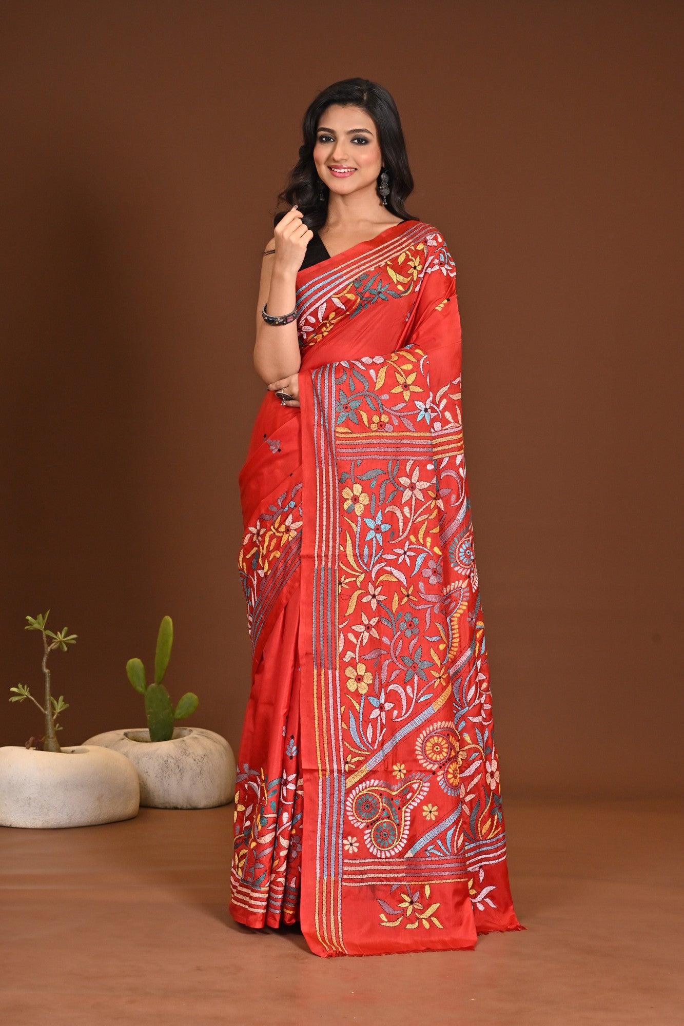 Blended Silk Kantha Stitch Saree Red Thumbnail