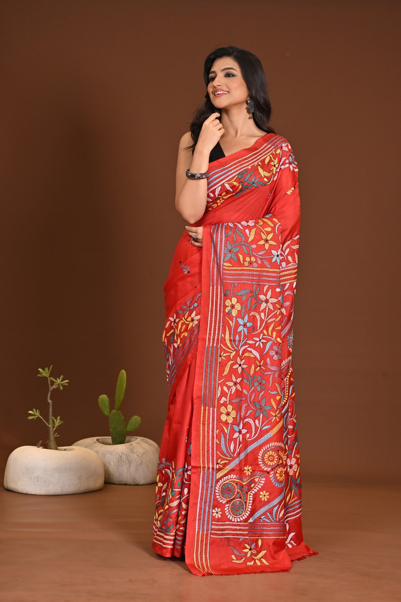 Blended Silk Kantha Stitch Saree Red Thumbnail