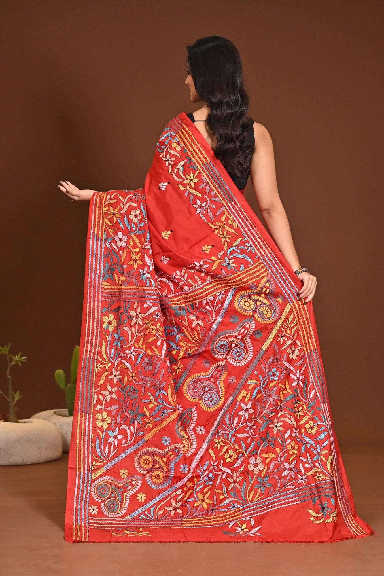 Blended Silk Kantha Stitch Saree Red Thumbnail
