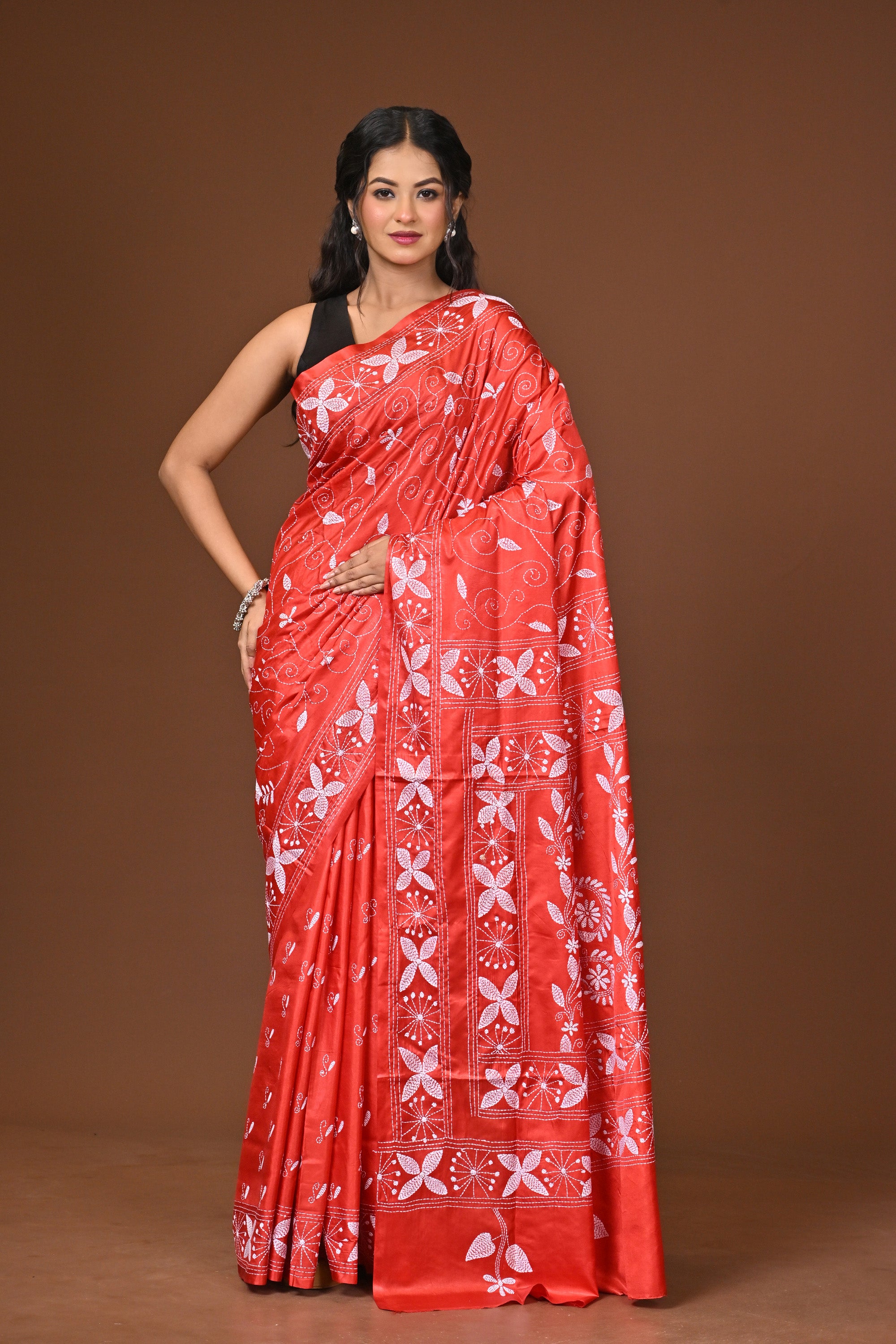 Blended Silk Kantha Stitch Saree Red Thumbnail