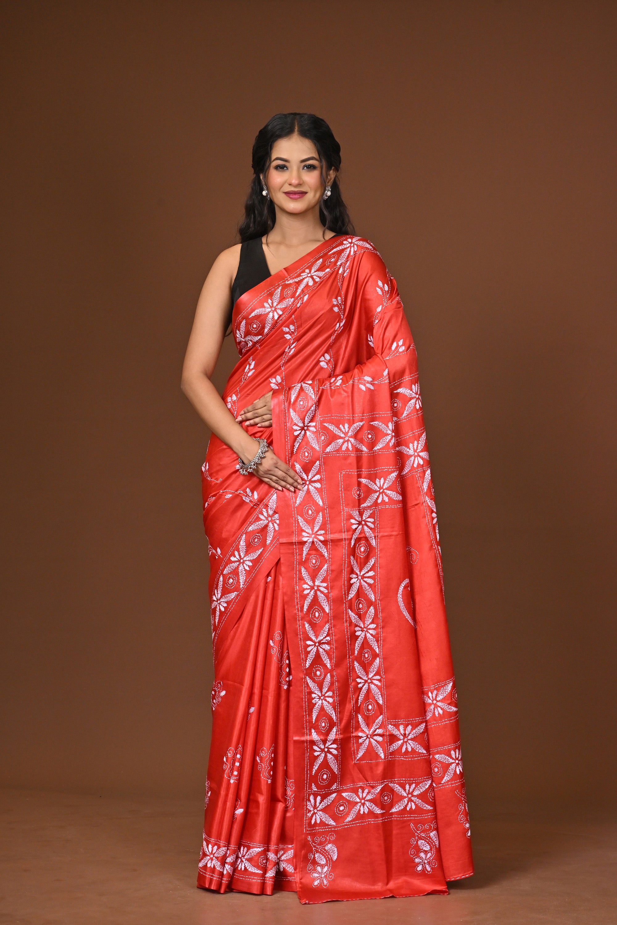 Blended Silk Kantha Stitch Saree Red