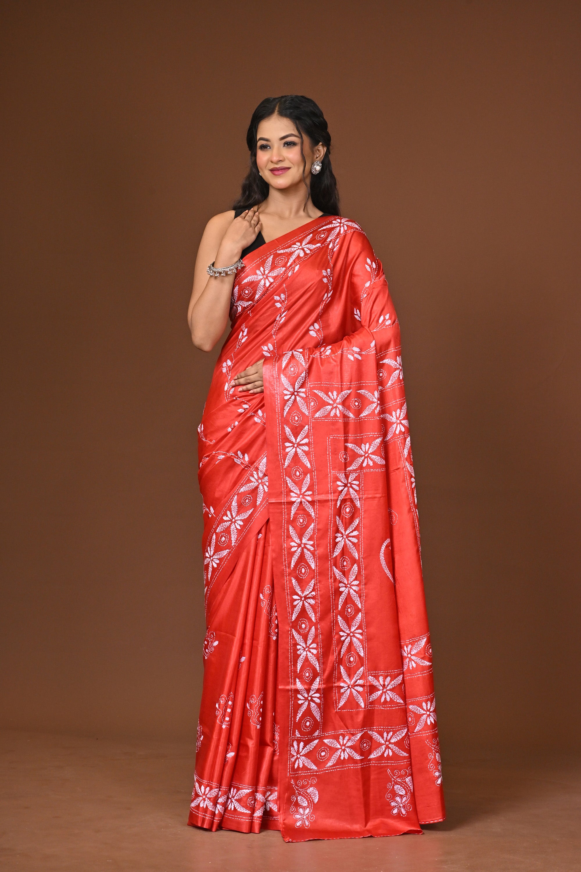 Blended Silk Kantha Stitch Saree Red Thumbnail