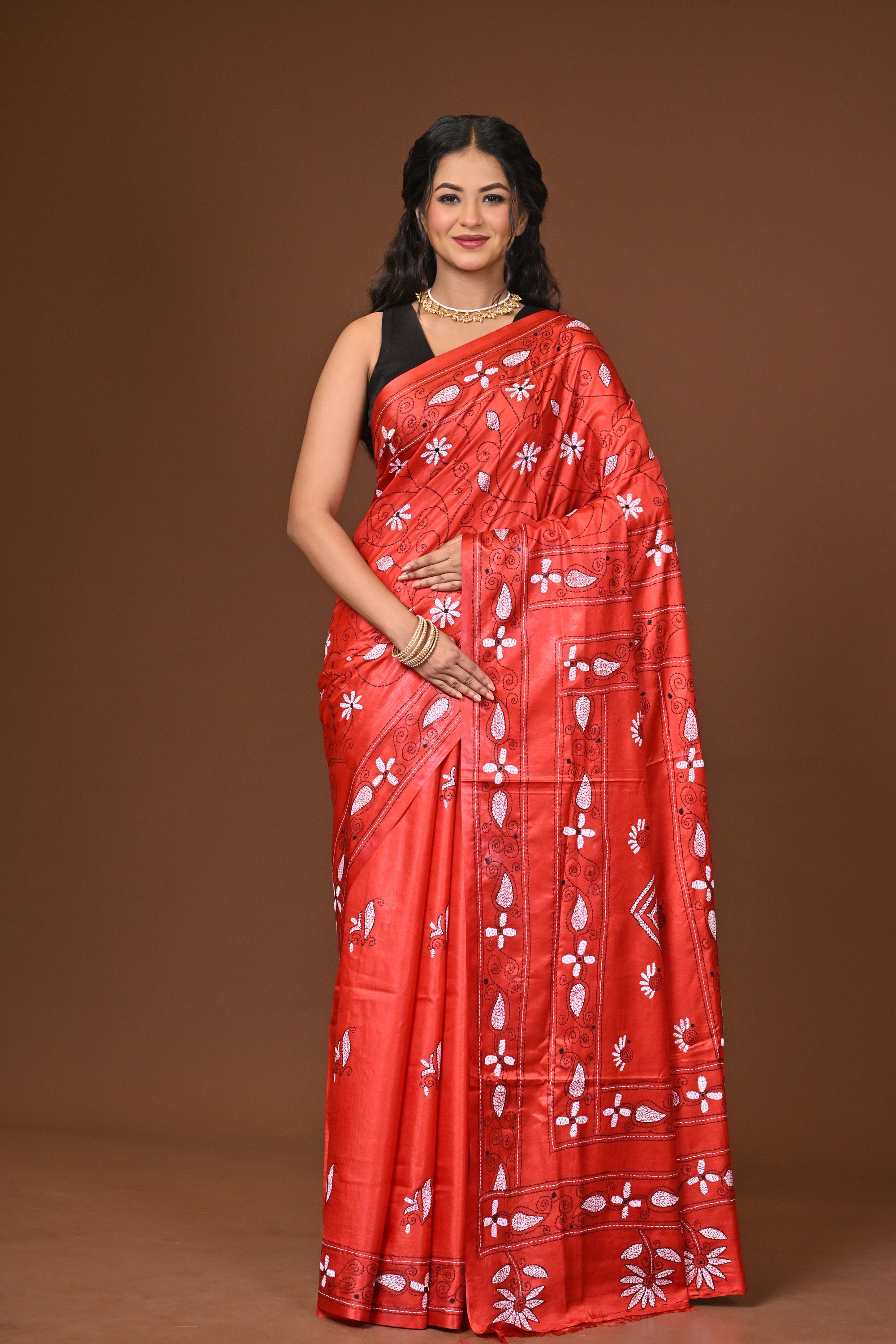 Blended Silk Kantha Stitch Saree Red