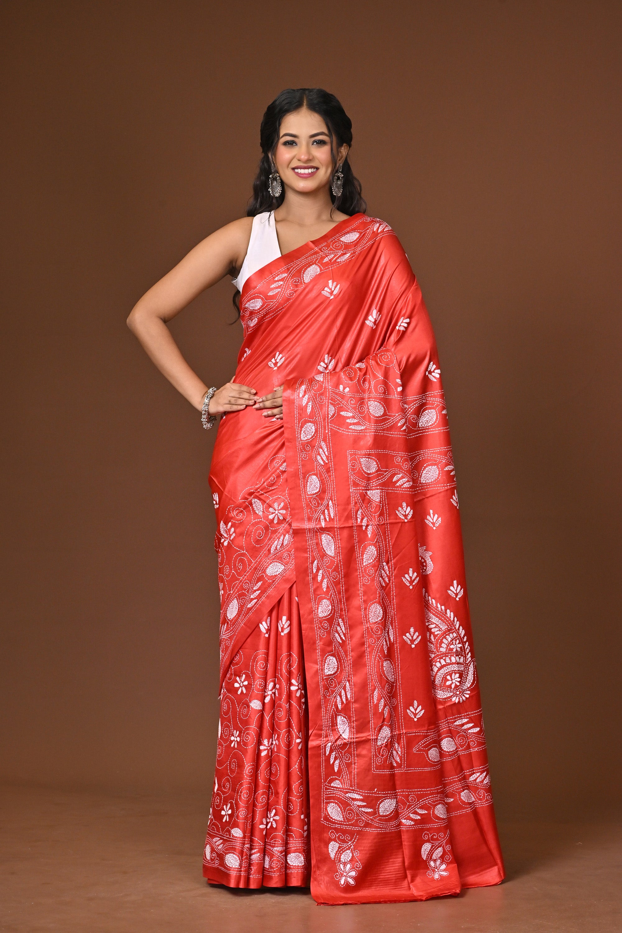 Blended Silk Kantha Stitch Saree Red Thumbnail