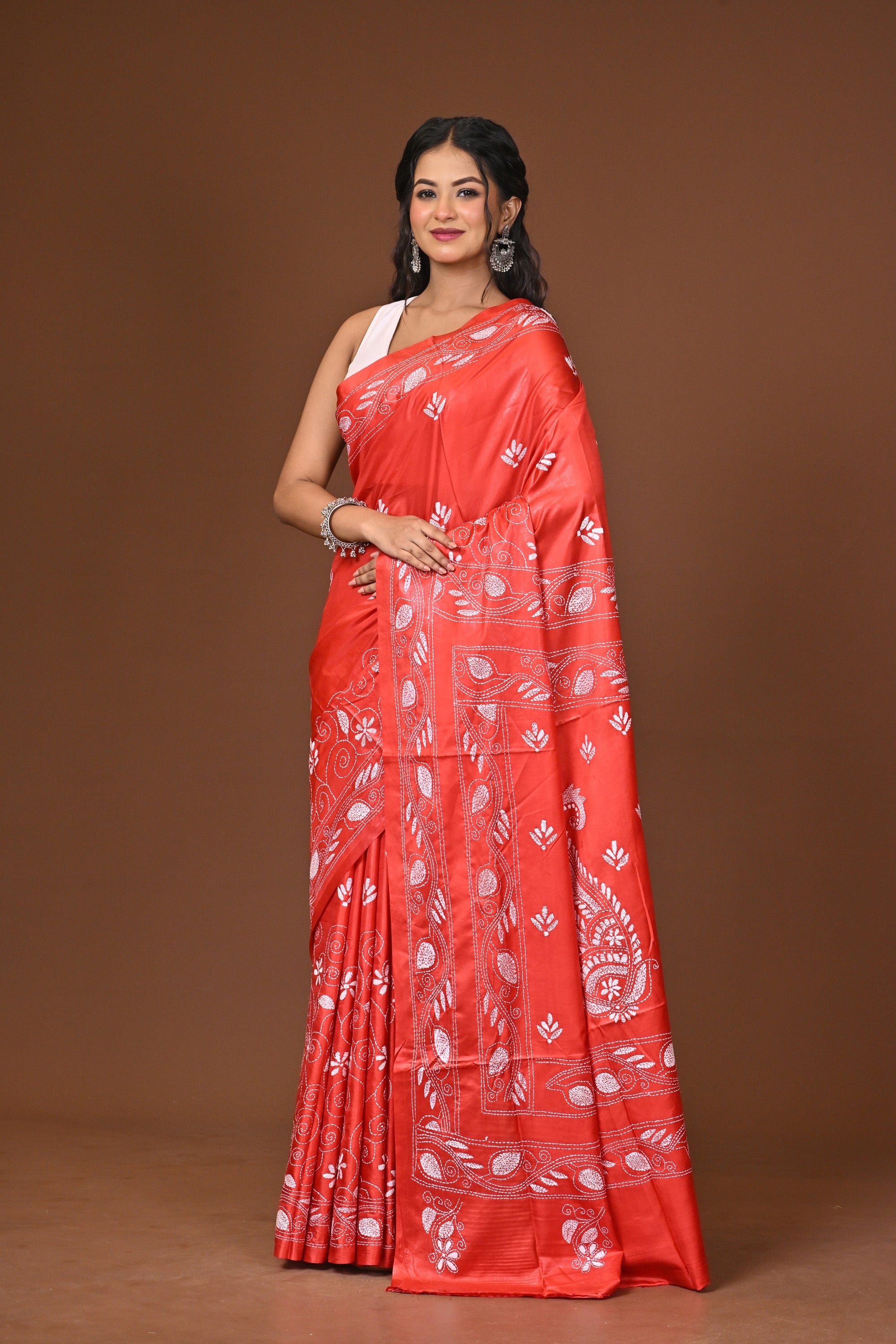 Blended Silk Kantha Stitch Saree Red Thumbnail