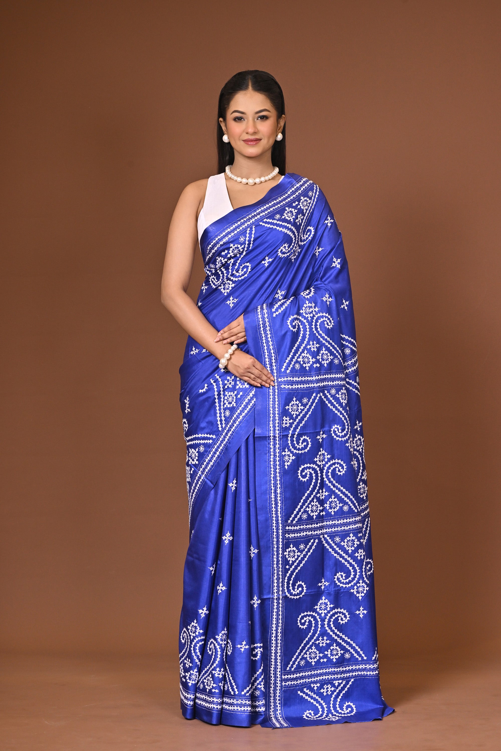 Blended Silk Kantha Stitch Saree Royal Blue Thumbnail