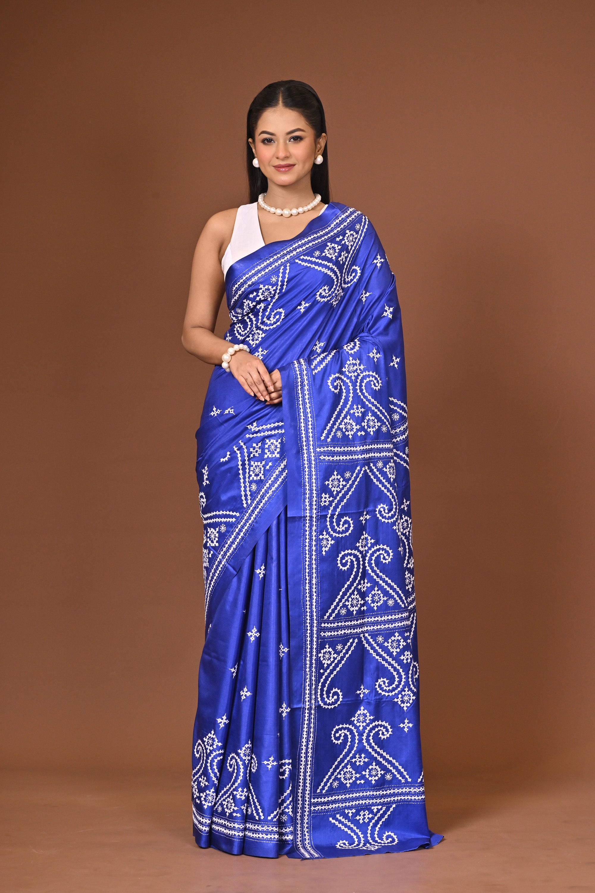 Blended Silk Kantha Stitch Saree Royal Blue Thumbnail