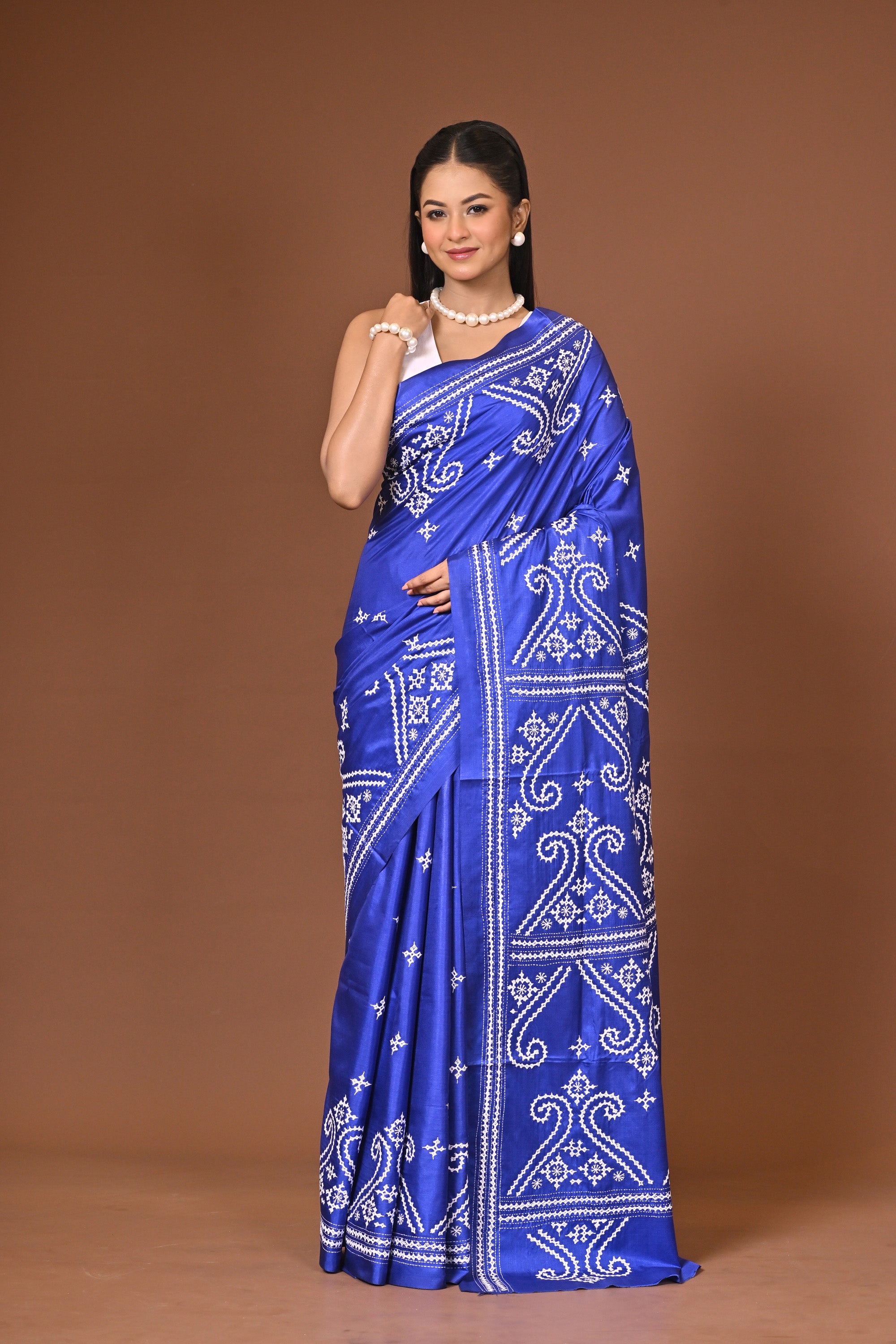 Blended Silk Kantha Stitch Saree Royal Blue Thumbnail