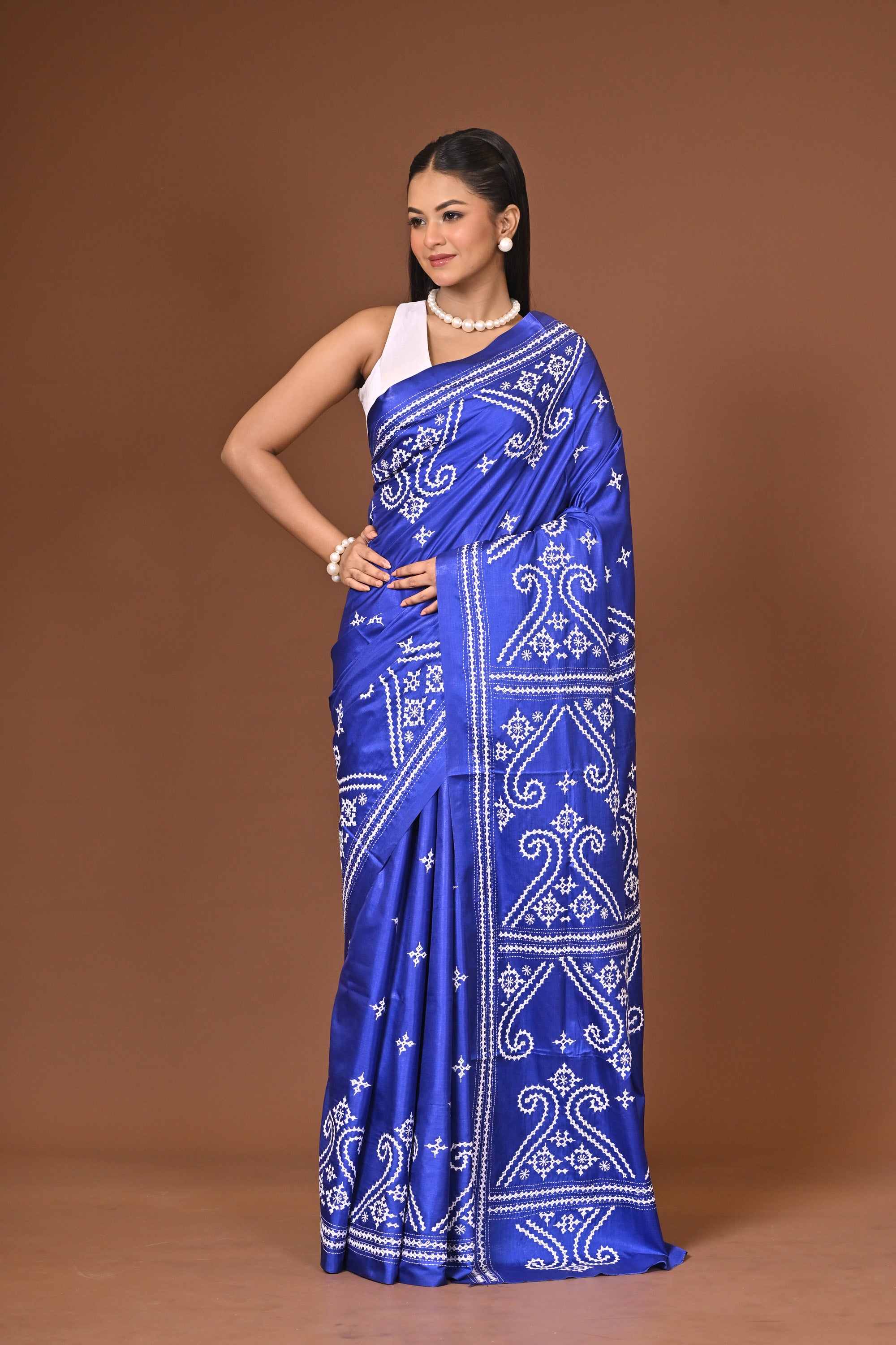 Blended Silk Kantha Stitch Saree Royal Blue Thumbnail