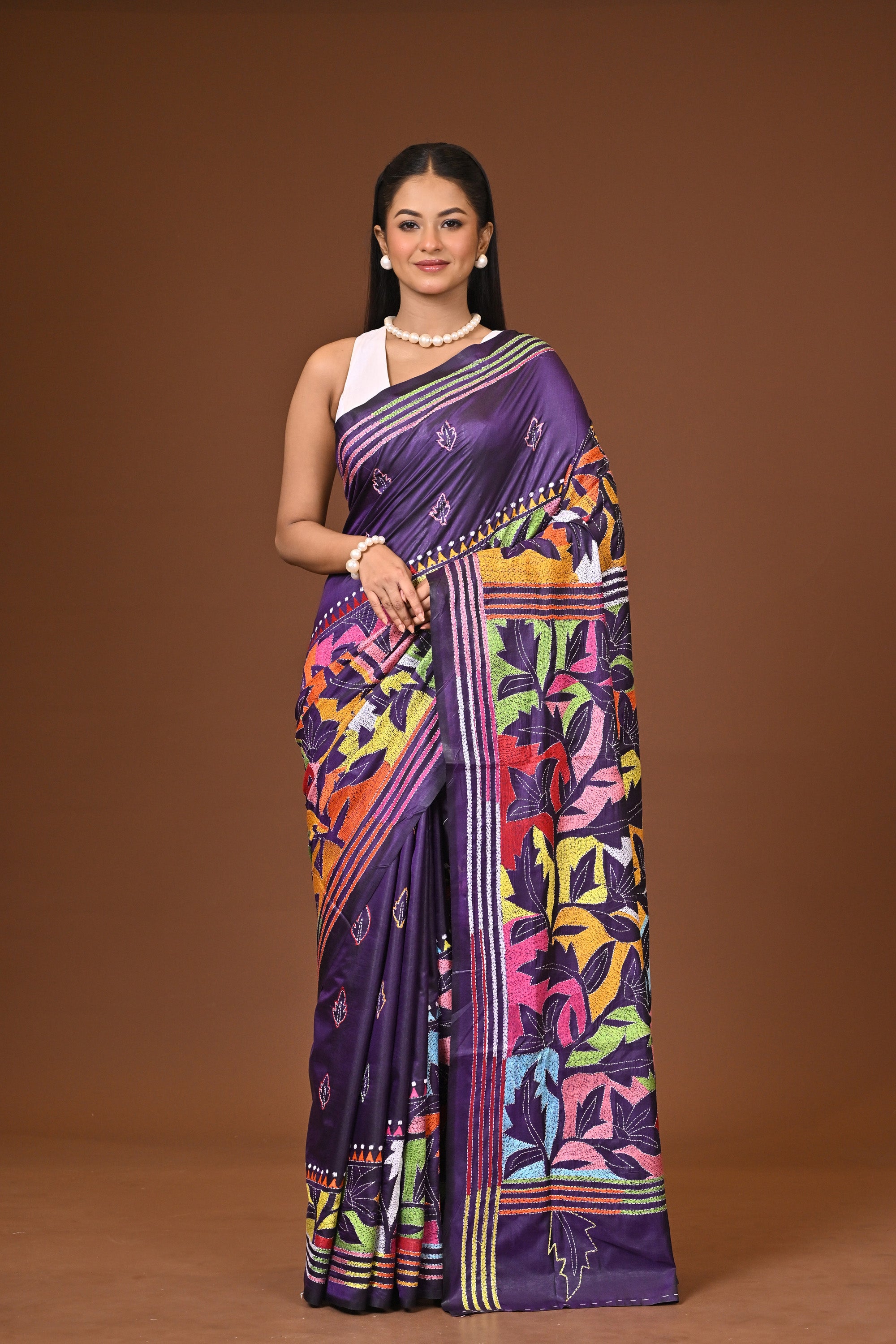 Blended Silk Kantha Stitch Saree Royal Blue