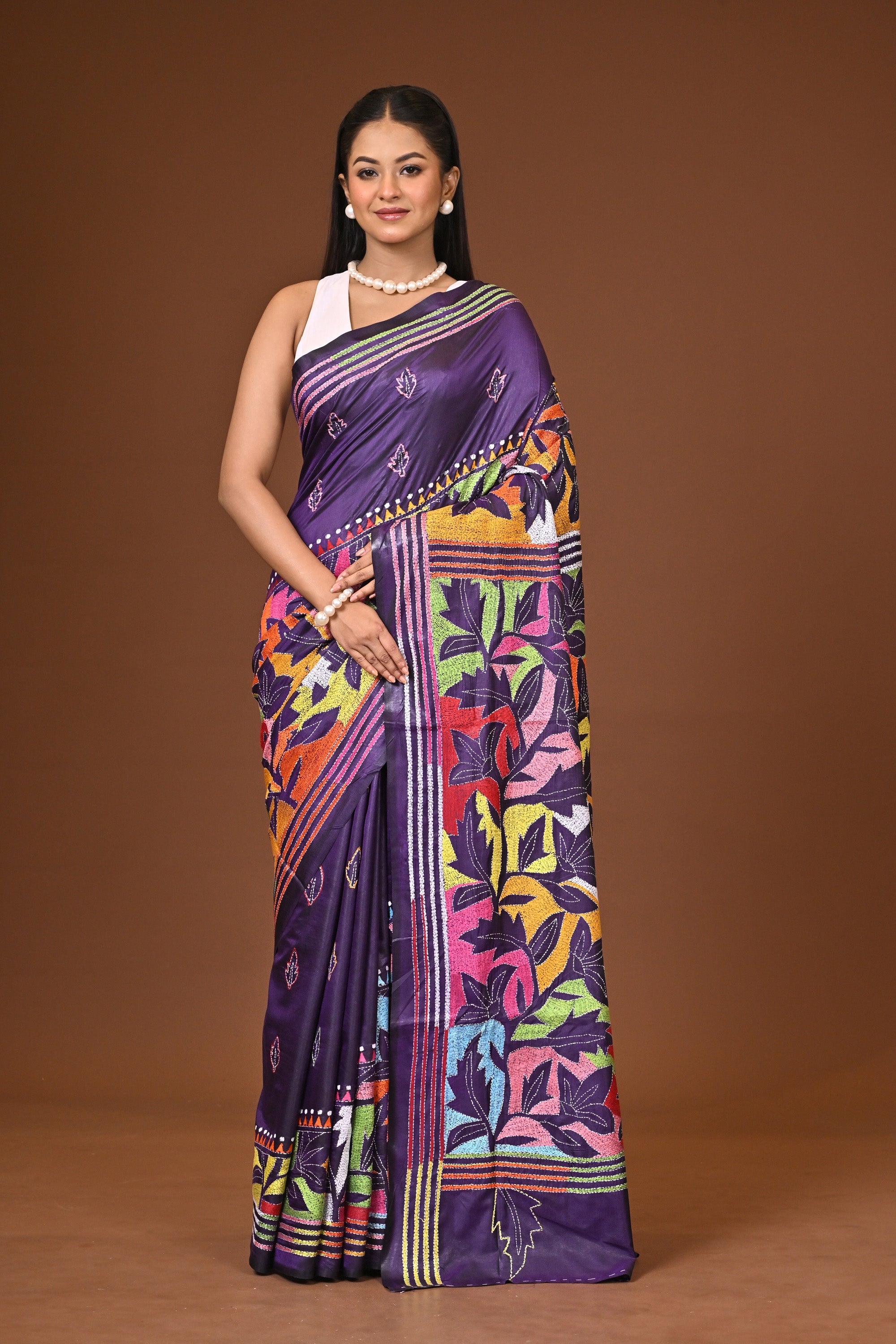 Blended Silk Kantha Stitch Saree Royal Blue Thumbnail