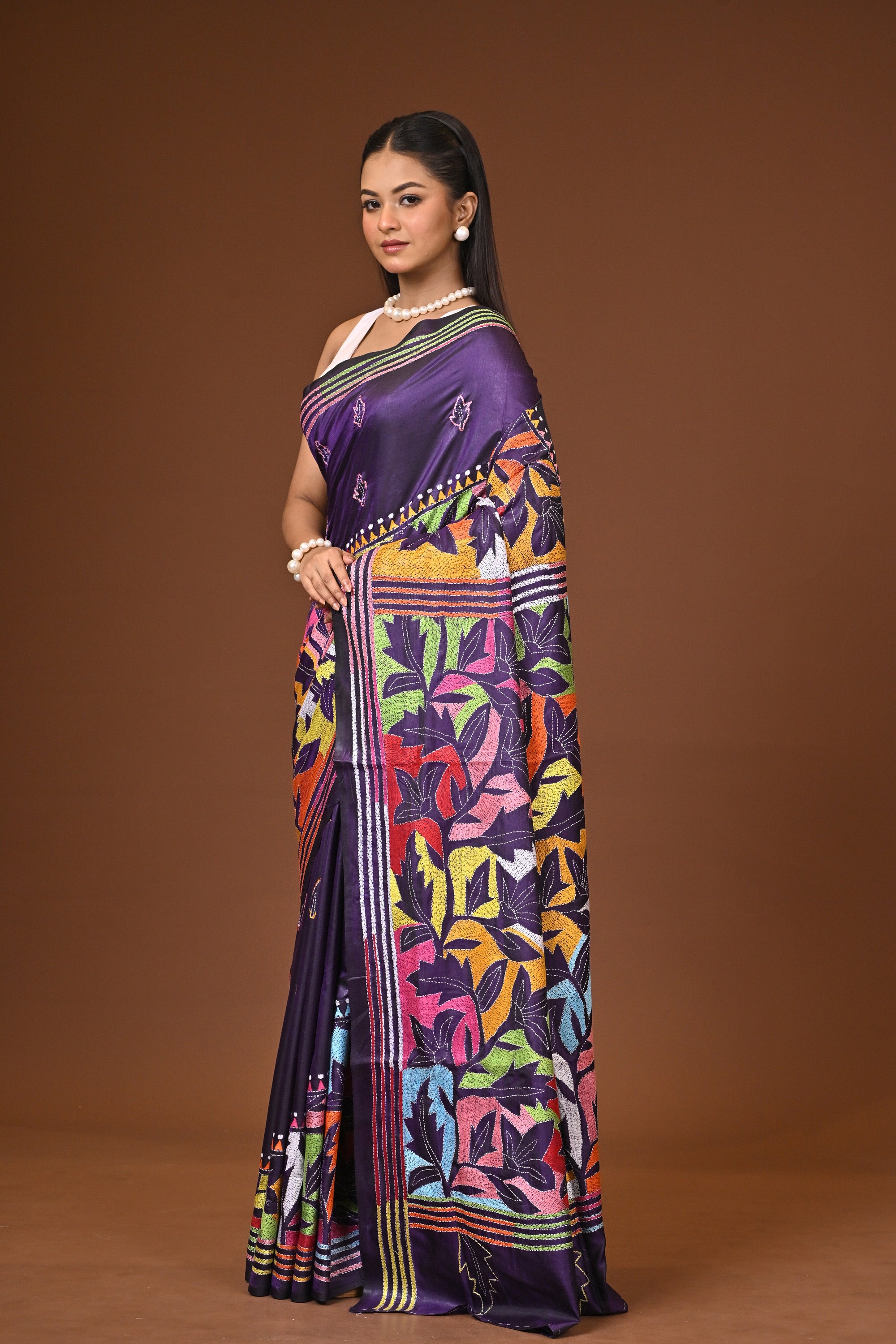 Blended Silk Kantha Stitch Saree Royal Blue Thumbnail