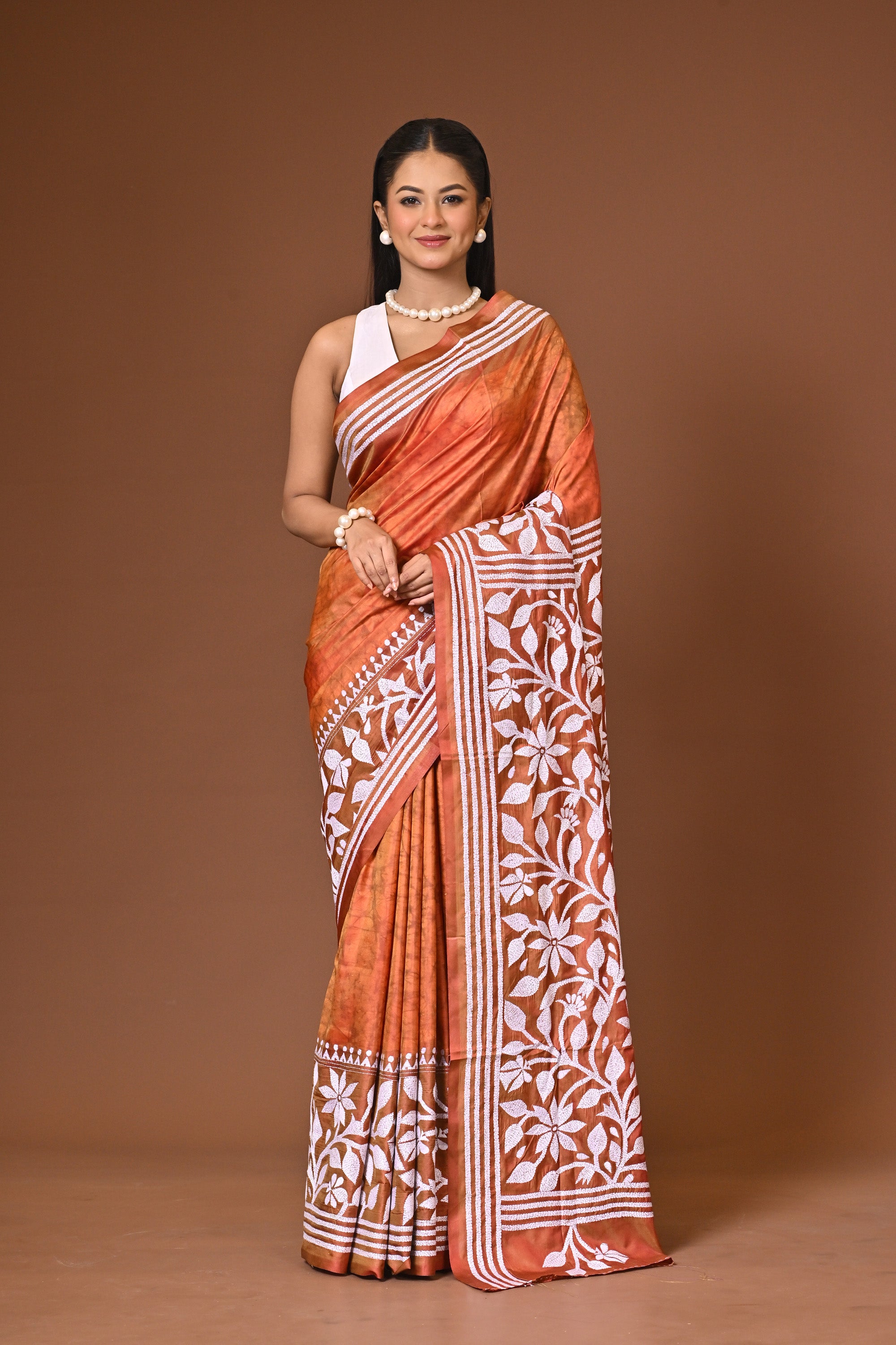 Blended Silk Kantha Stitch Saree Rust Thumbnail