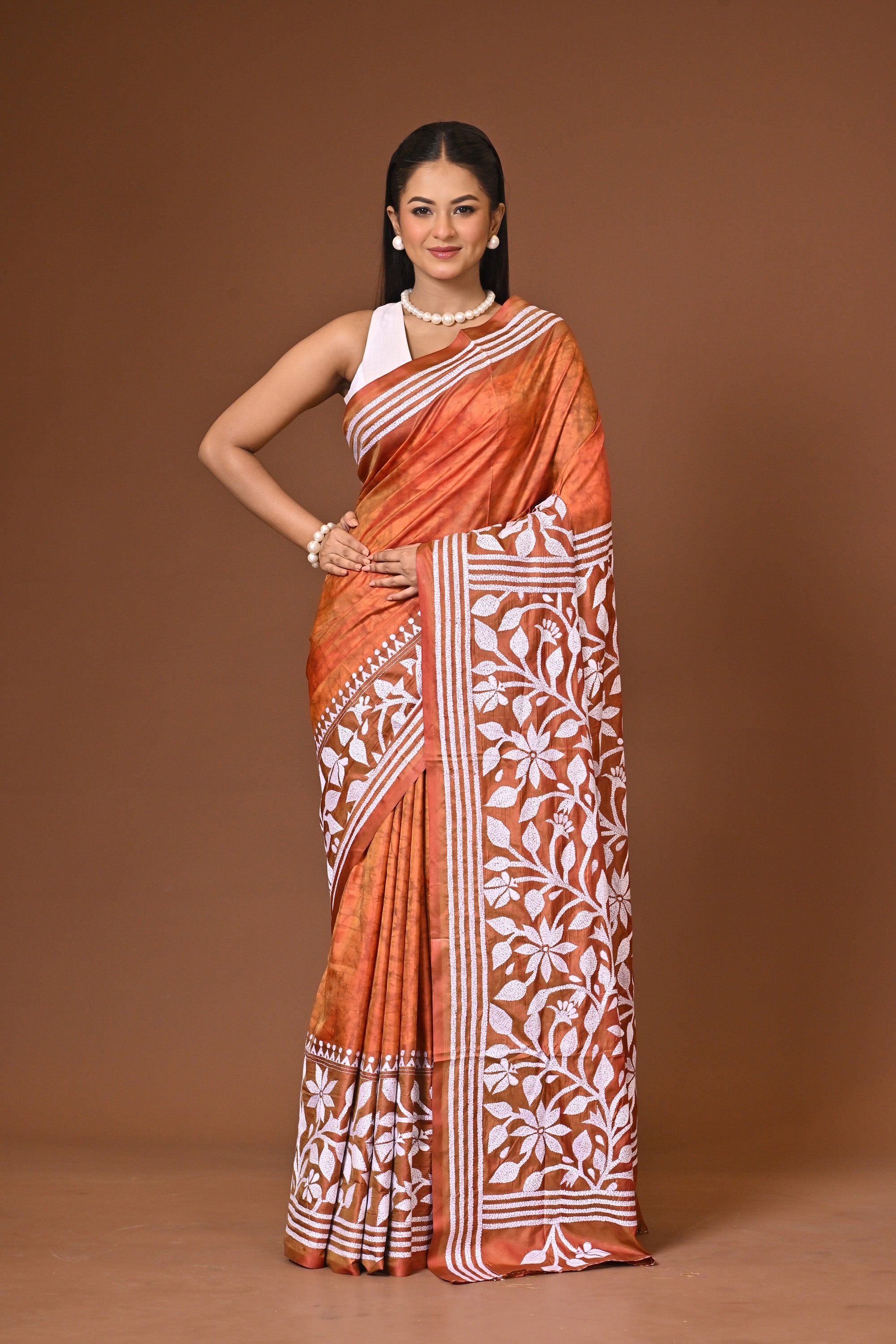 Blended Silk Kantha Stitch Saree Rust Thumbnail