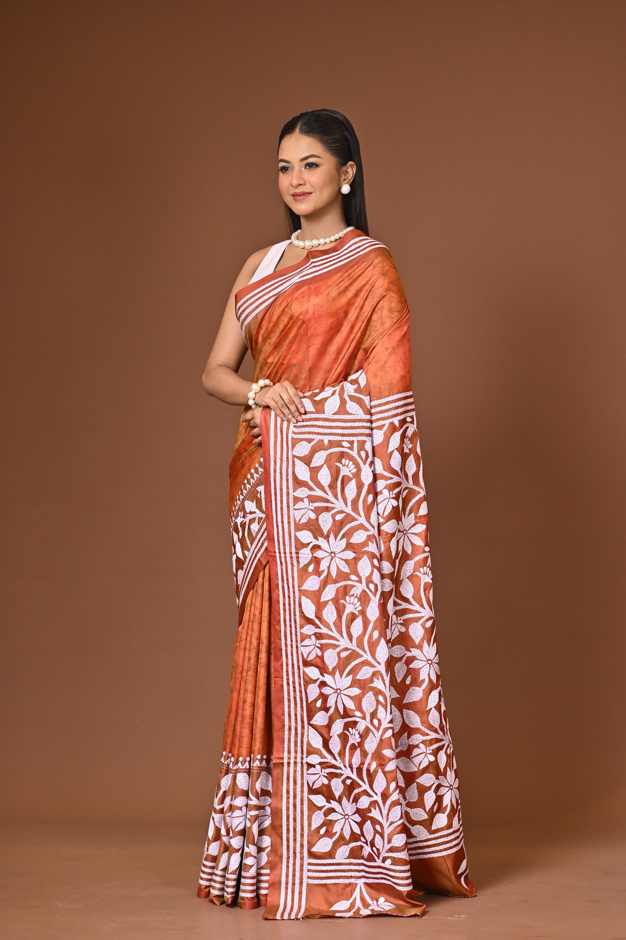 Blended Silk Kantha Stitch Saree Rust Thumbnail