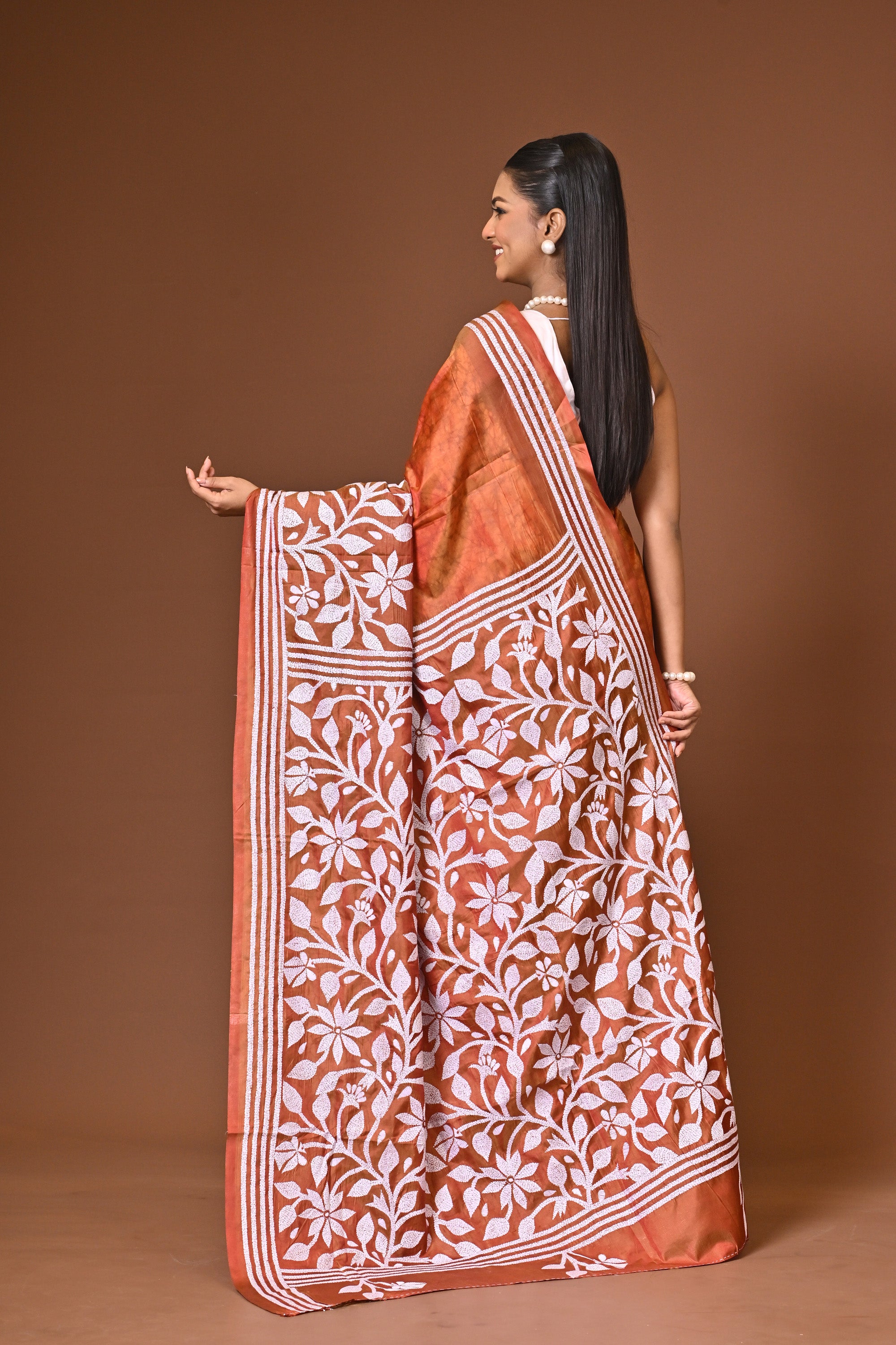 Blended Silk Kantha Stitch Saree Rust Thumbnail
