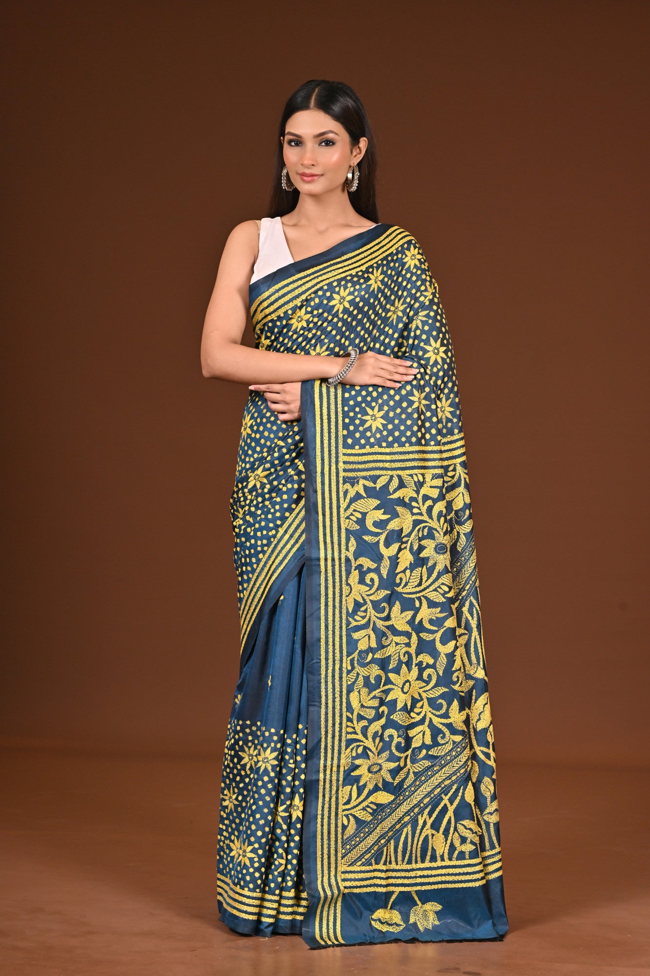 Blended Silk Kantha Stitch Saree Sea Blue Thumbnail