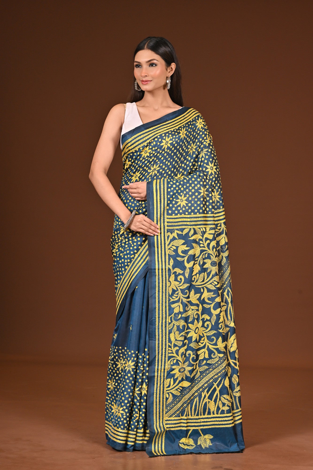 Blended Silk Kantha Stitch Saree Sea Blue Thumbnail