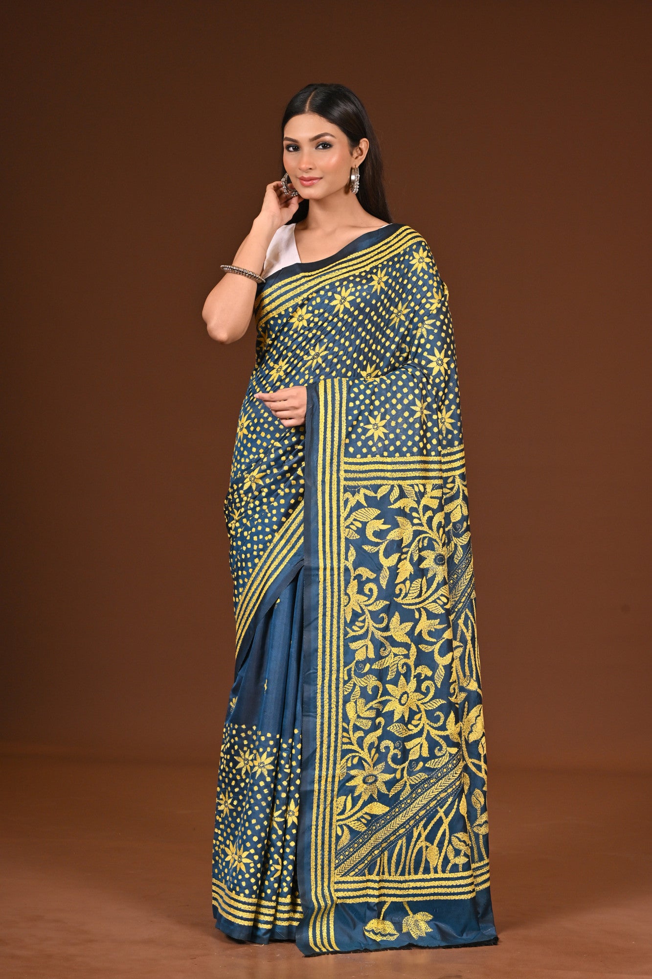 Blended Silk Kantha Stitch Saree Sea Blue Thumbnail