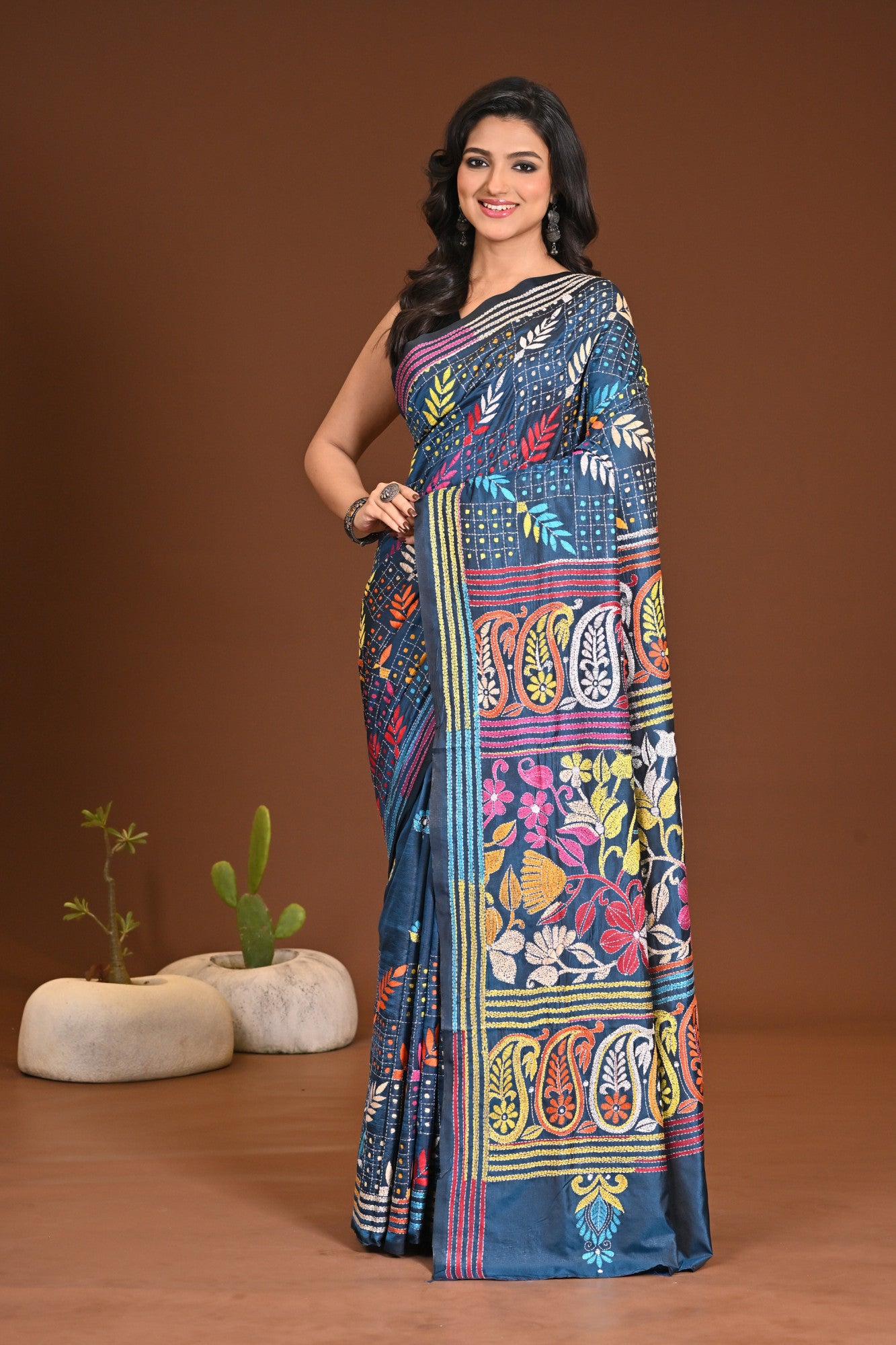 Blended Silk Kantha Stitch Saree Sea Blue Thumbnail