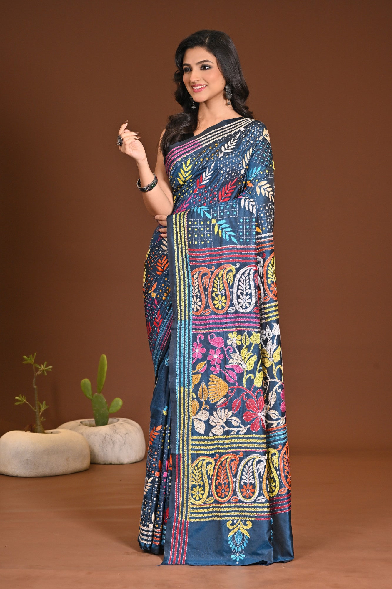 Blended Silk Kantha Stitch Saree Sea Blue Thumbnail