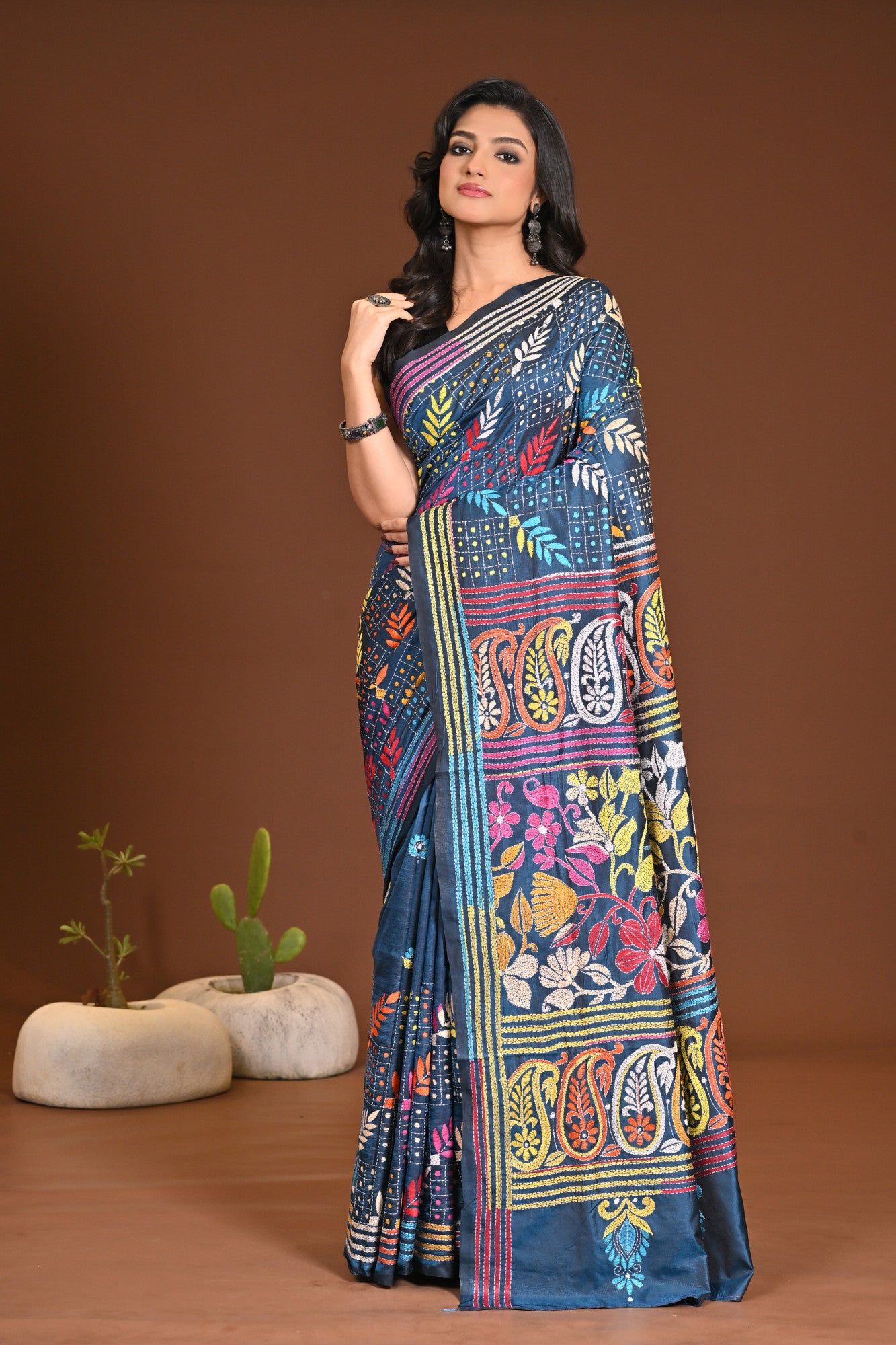Blended Silk Kantha Stitch Saree Sea Blue Thumbnail