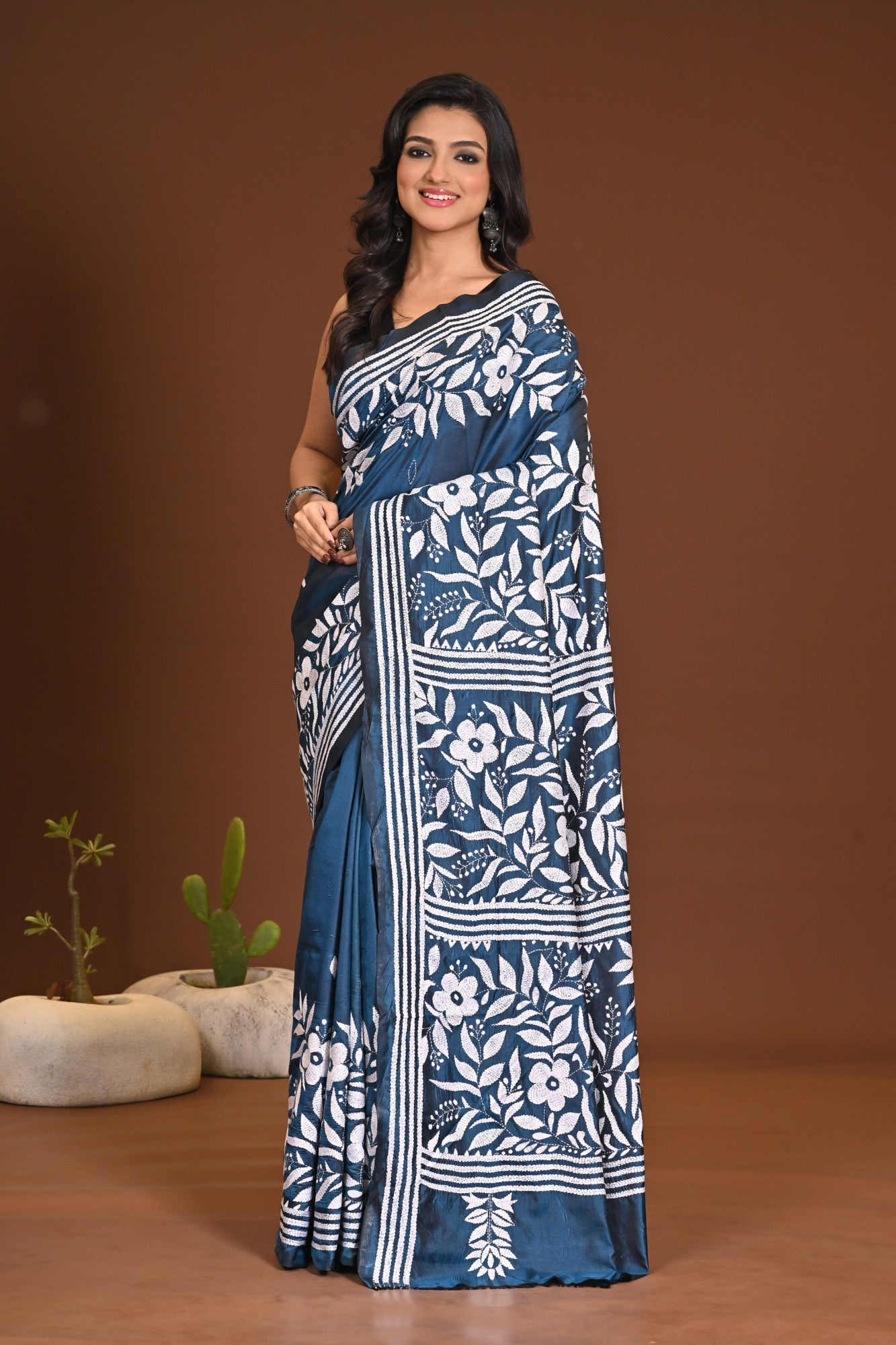 Blended Silk Kantha Stitch Saree Sea Blue