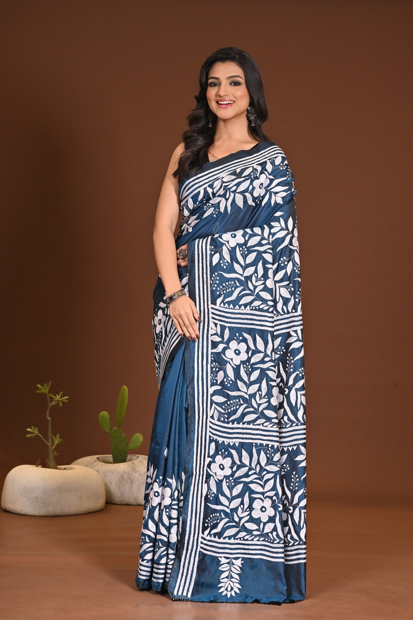Blended Silk Kantha Stitch Saree Sea Blue Thumbnail