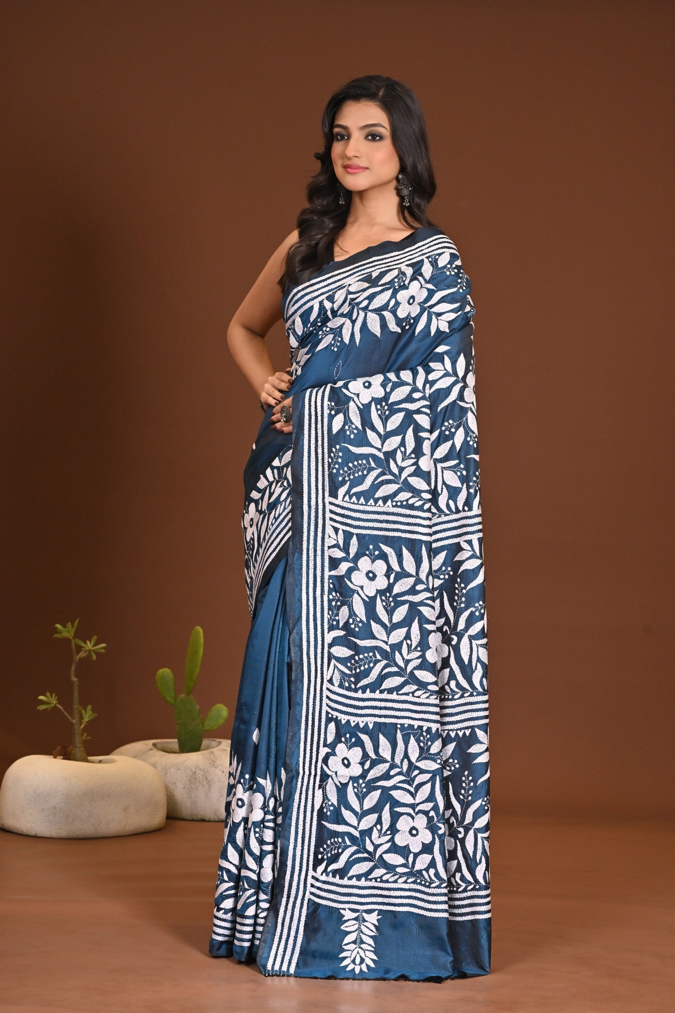 Blended Silk Kantha Stitch Saree Sea Blue Thumbnail