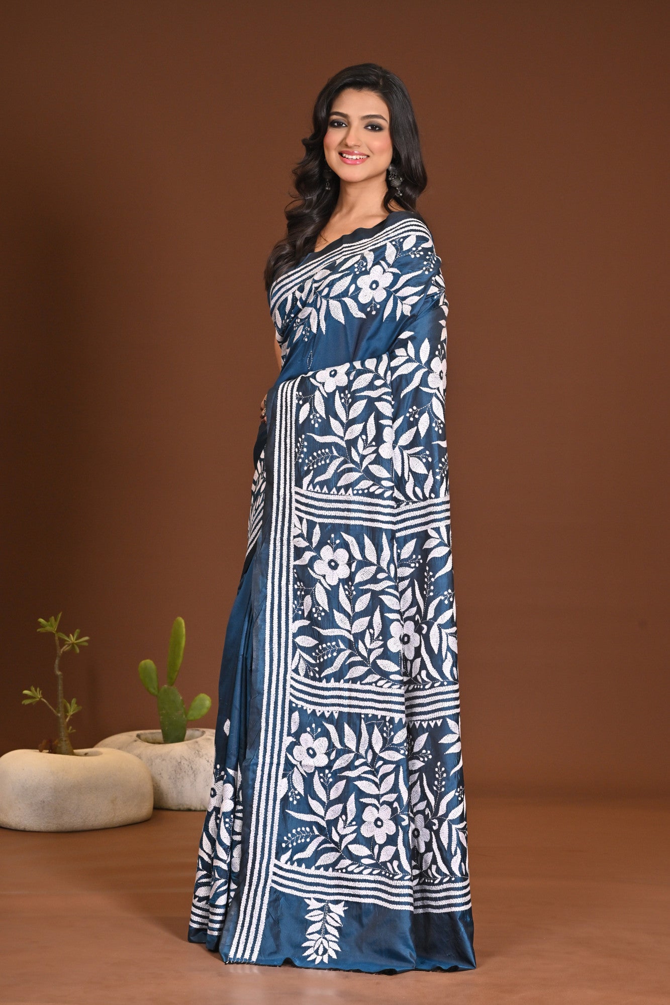 Blended Silk Kantha Stitch Saree Sea Blue Thumbnail