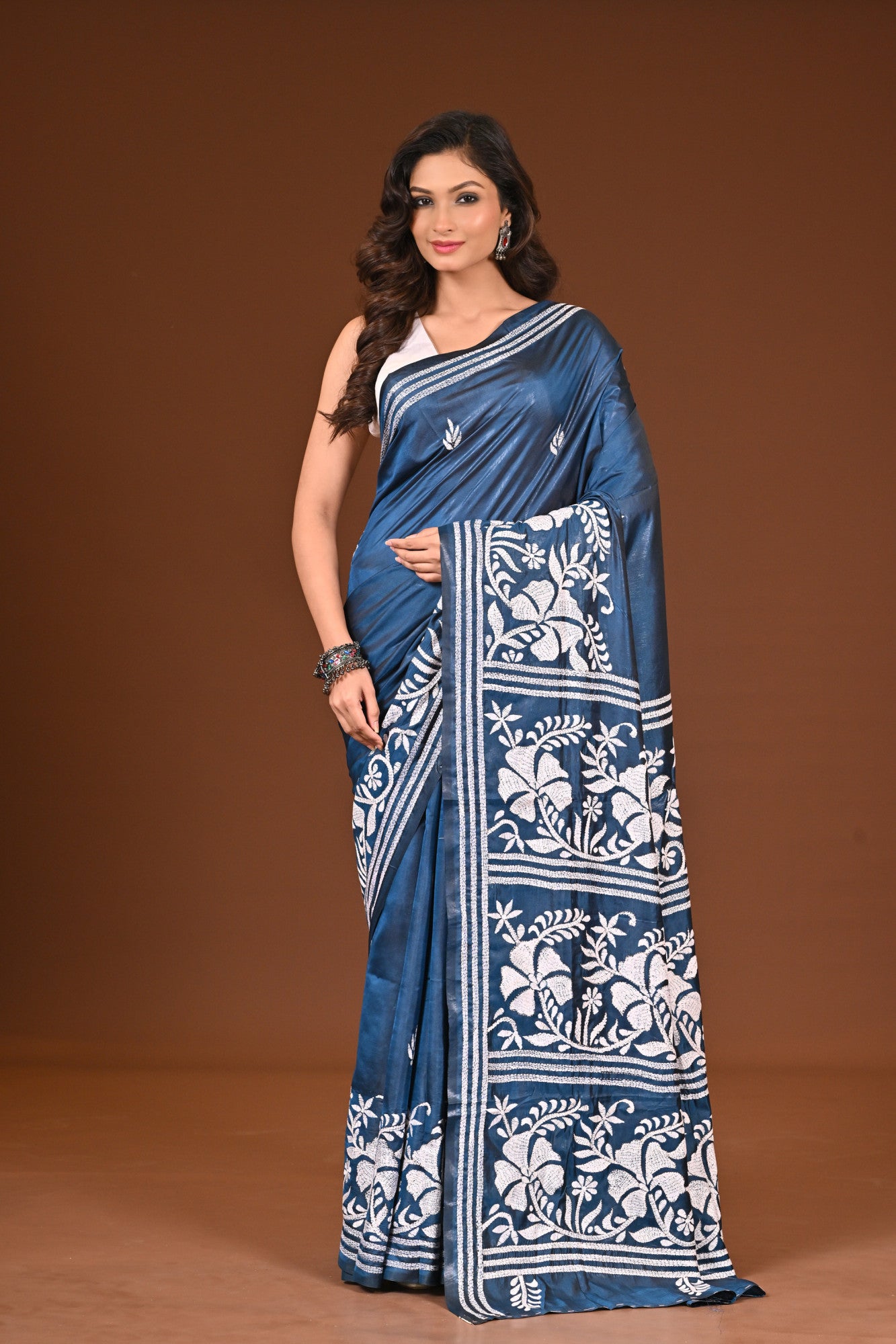 Blended Silk Kantha Stitch Saree  Sea Blue