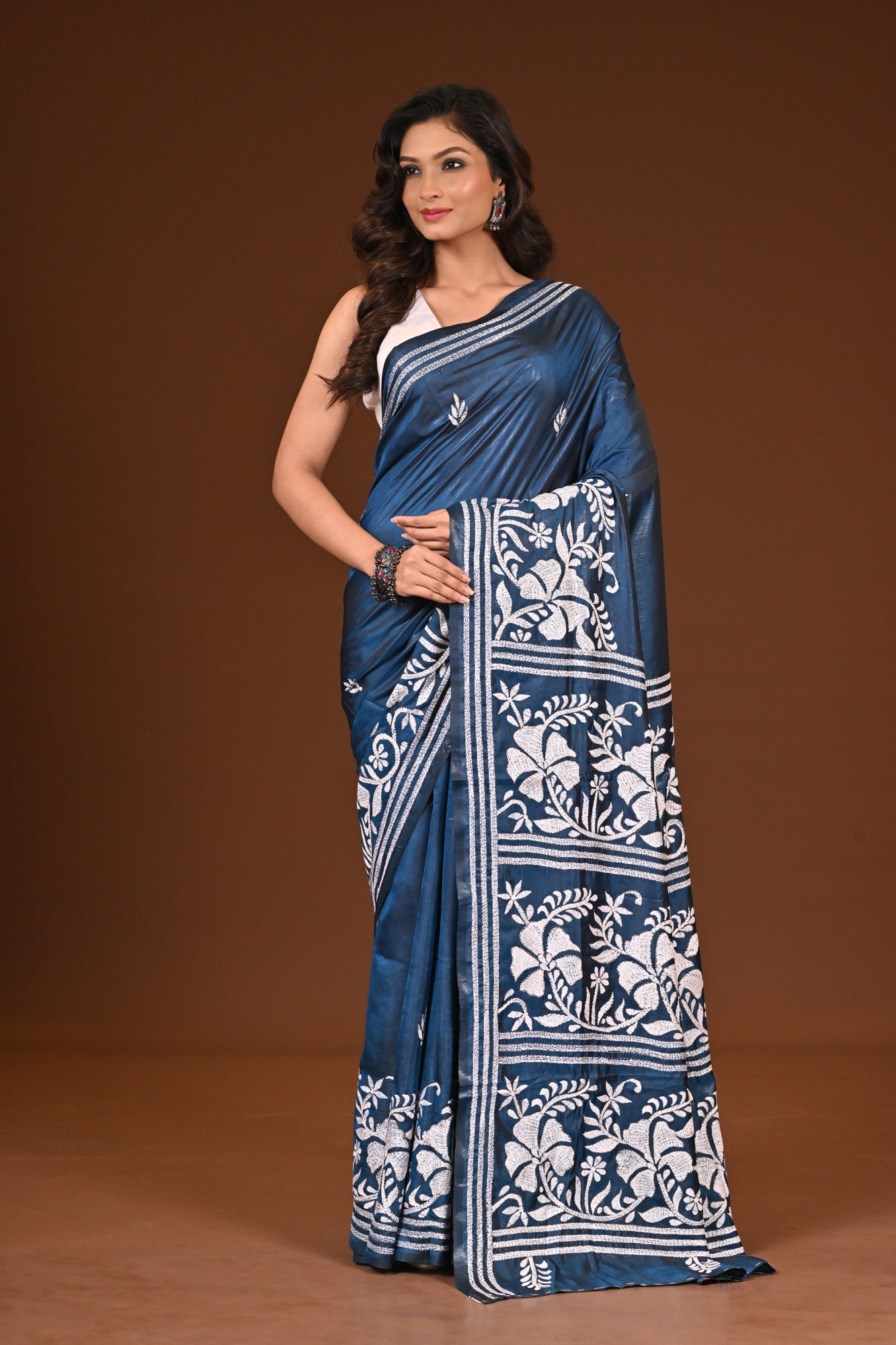 Blended Silk Kantha Stitch Saree  Sea Blue Thumbnail