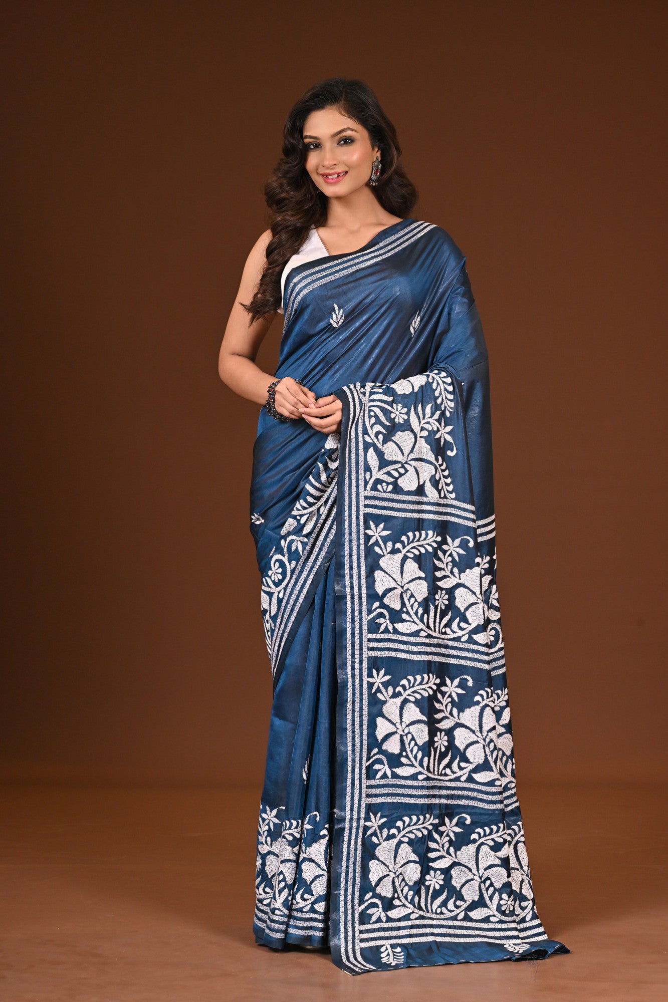 Blended Silk Kantha Stitch Saree  Sea Blue Thumbnail