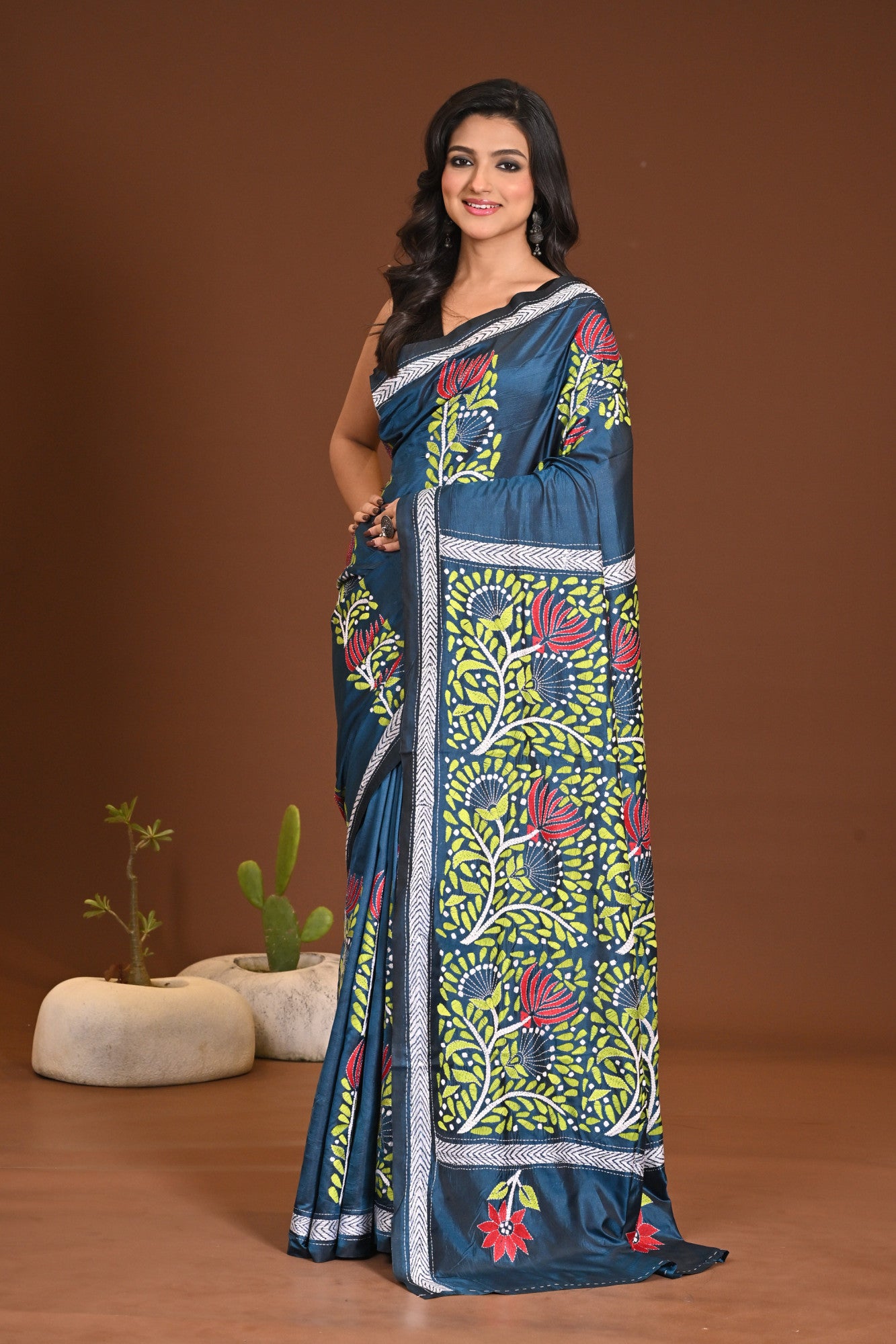 Blended Silk Kantha Stitch Saree Sea Green
