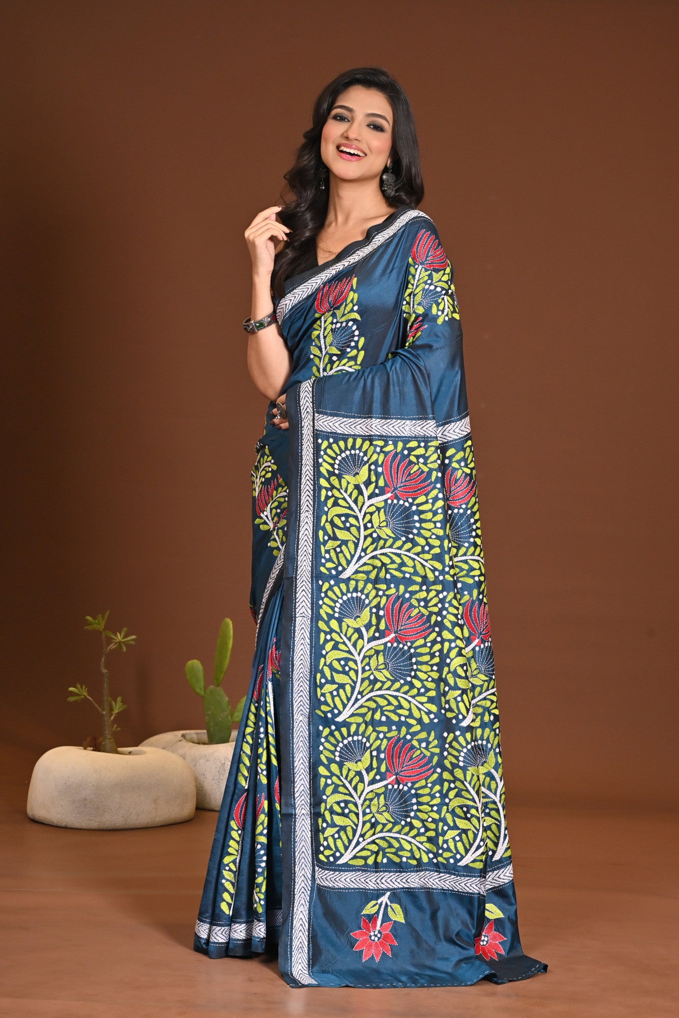 Blended Silk Kantha Stitch Saree Sea Green Thumbnail