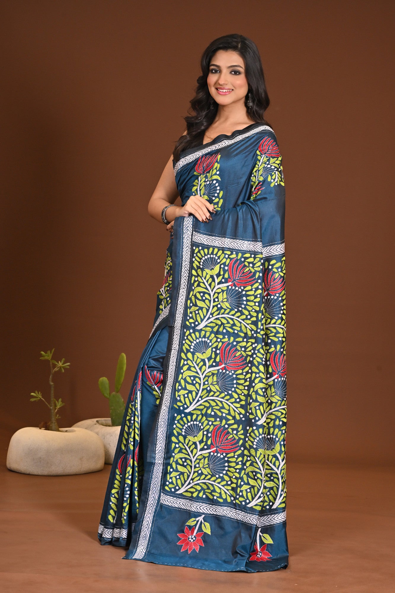 Blended Silk Kantha Stitch Saree Sea Green Thumbnail