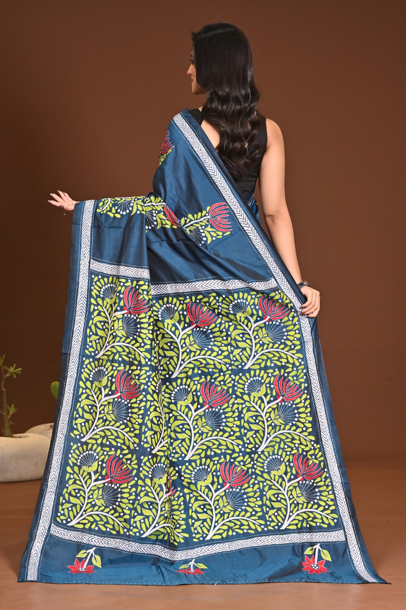 Blended Silk Kantha Stitch Saree Sea Green Thumbnail