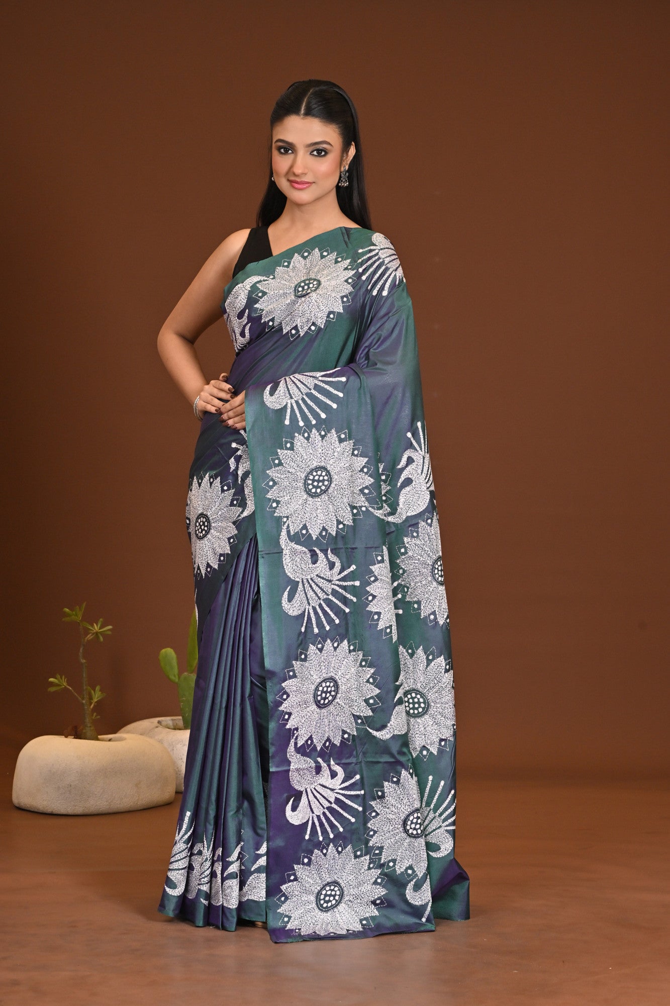 Blended Silk Kantha Stitch Saree Sea Green
