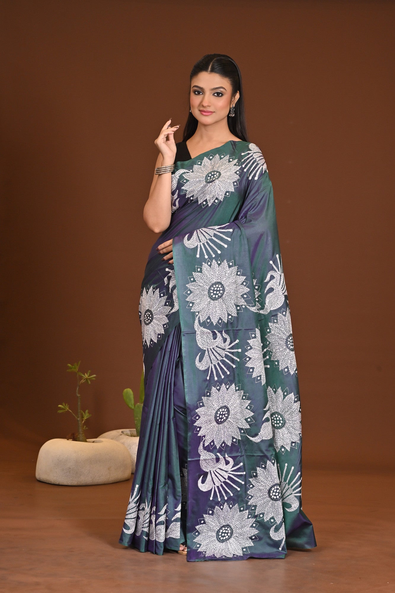 Blended Silk Kantha Stitch Saree Sea Green Thumbnail