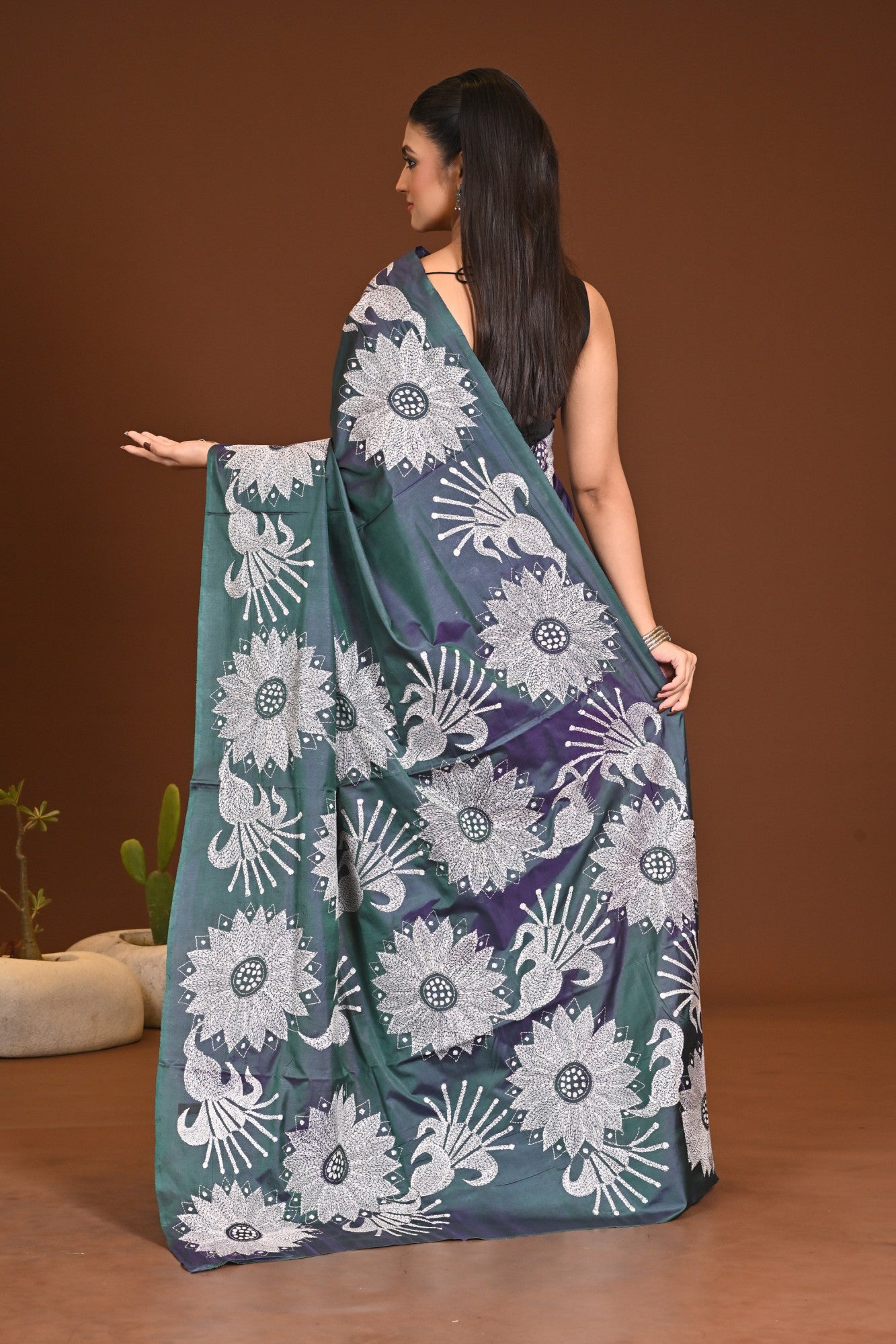 Blended Silk Kantha Stitch Saree Sea Green Thumbnail