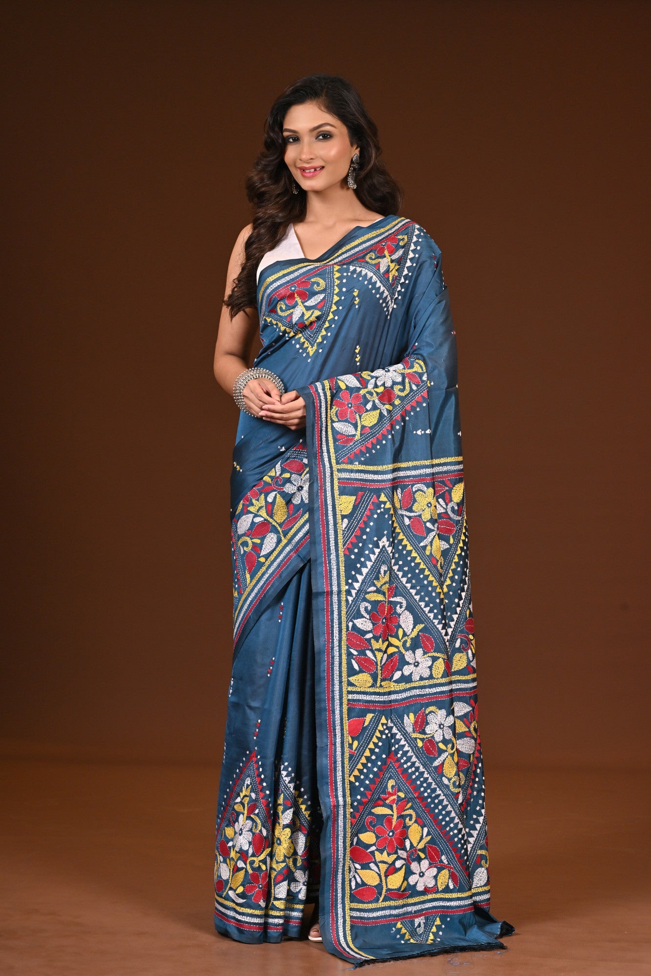 Blended Silk Kantha Stitch Saree Sea Green Thumbnail