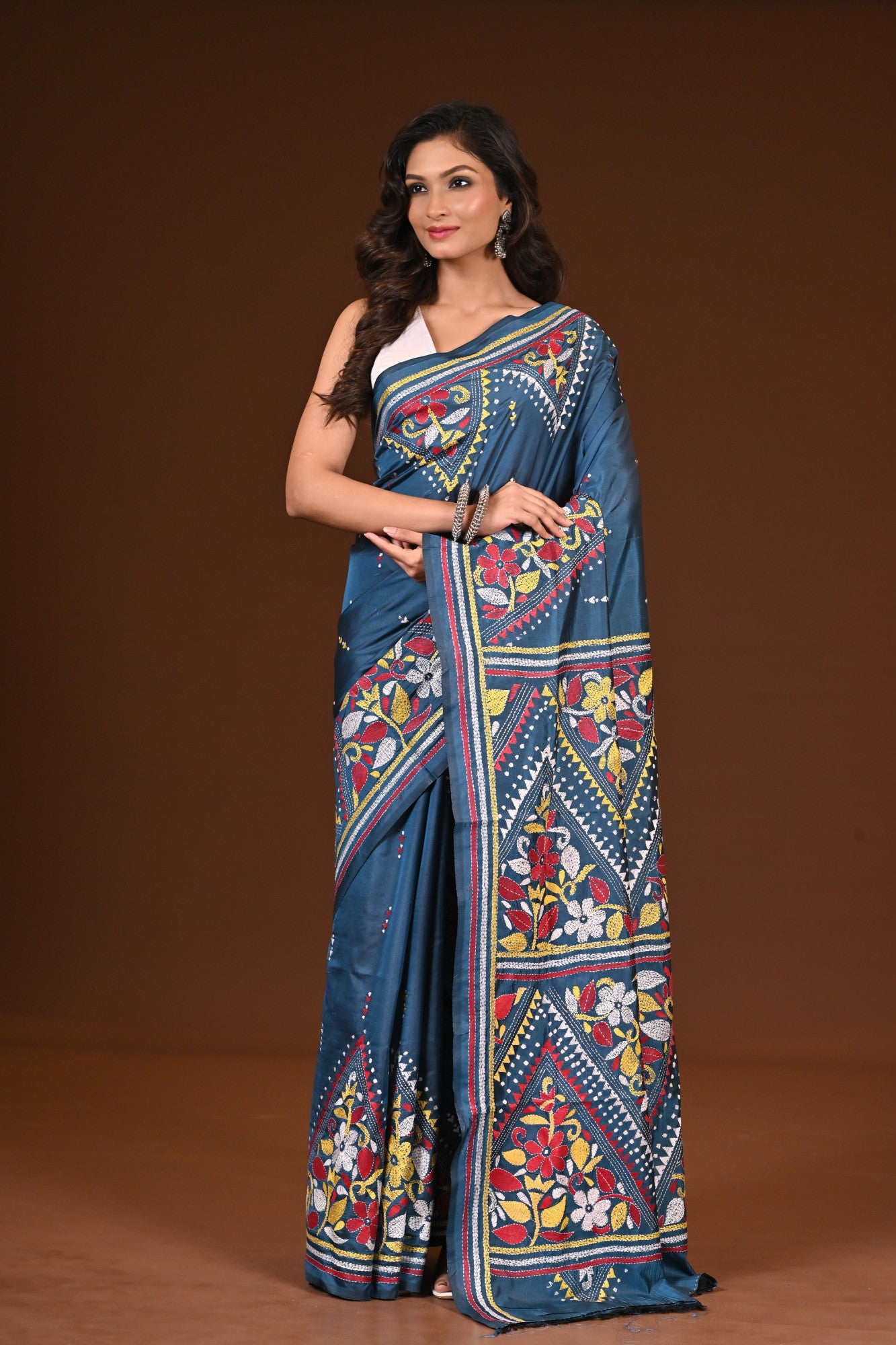 Blended Silk Kantha Stitch Saree Sea Green Thumbnail