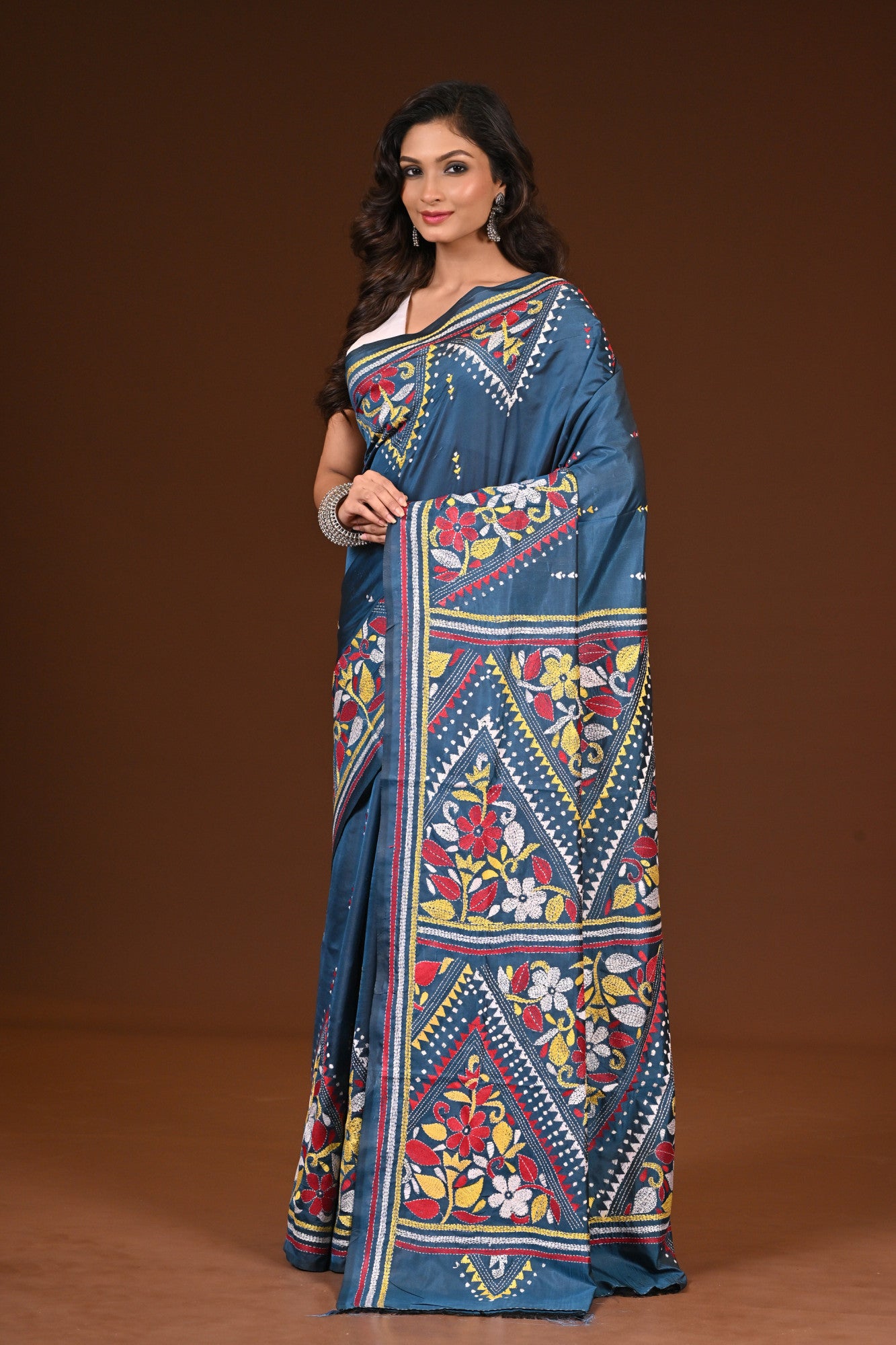 Blended Silk Kantha Stitch Saree Sea Green Thumbnail