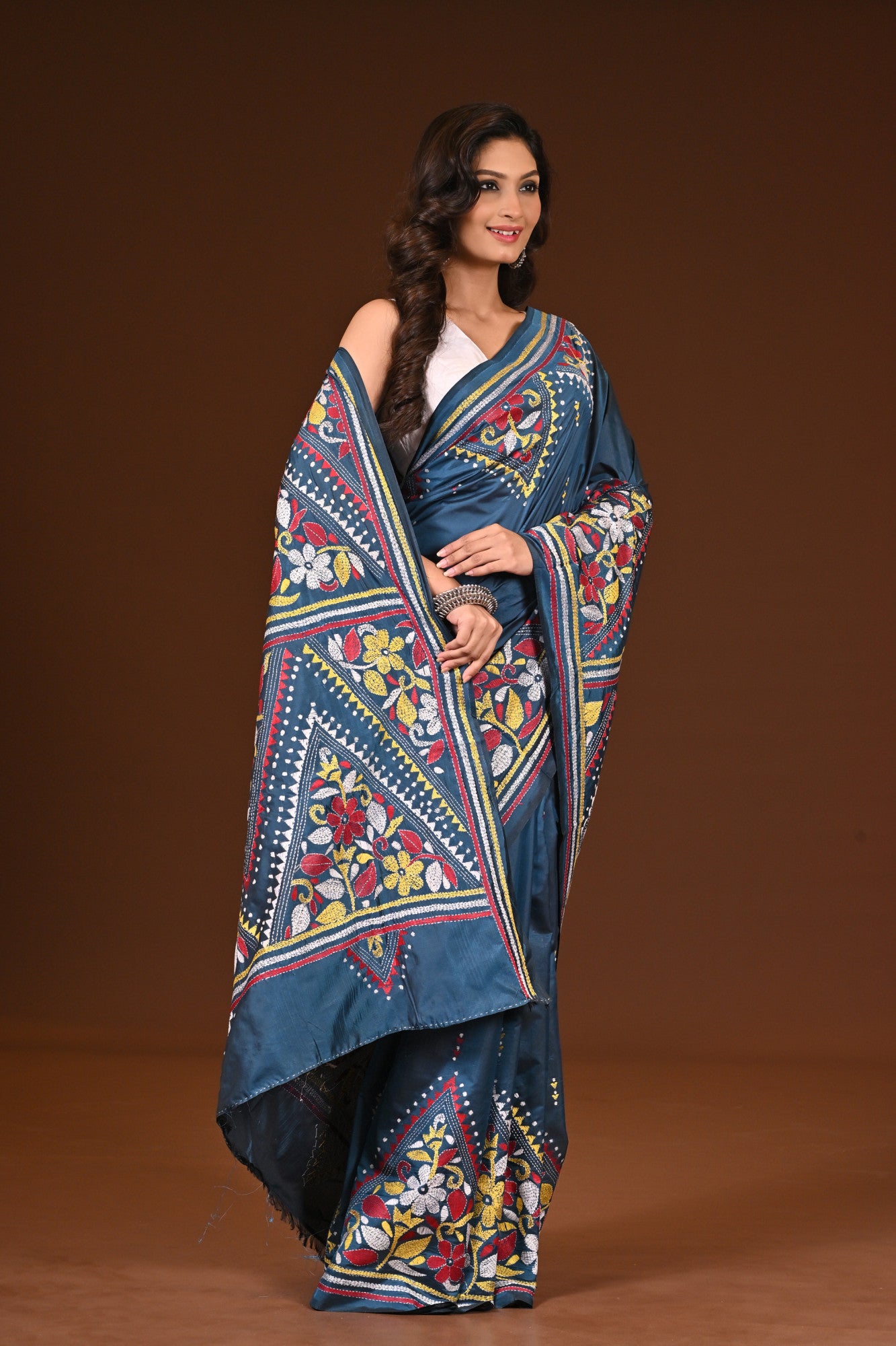 Blended Silk Kantha Stitch Saree Sea Green Thumbnail