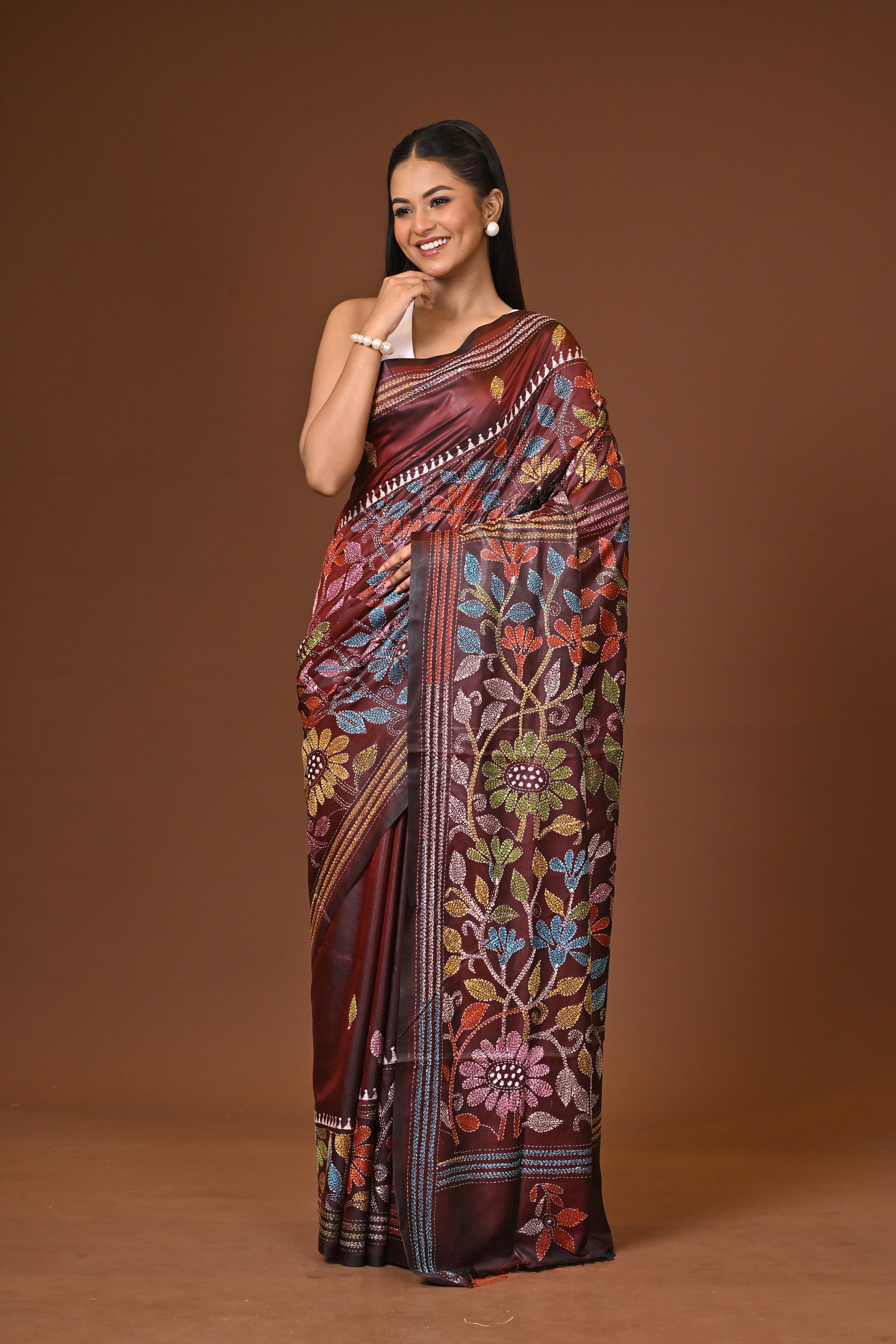 Blended Silk Kantha Stitch Saree Velvet Brown Thumbnail