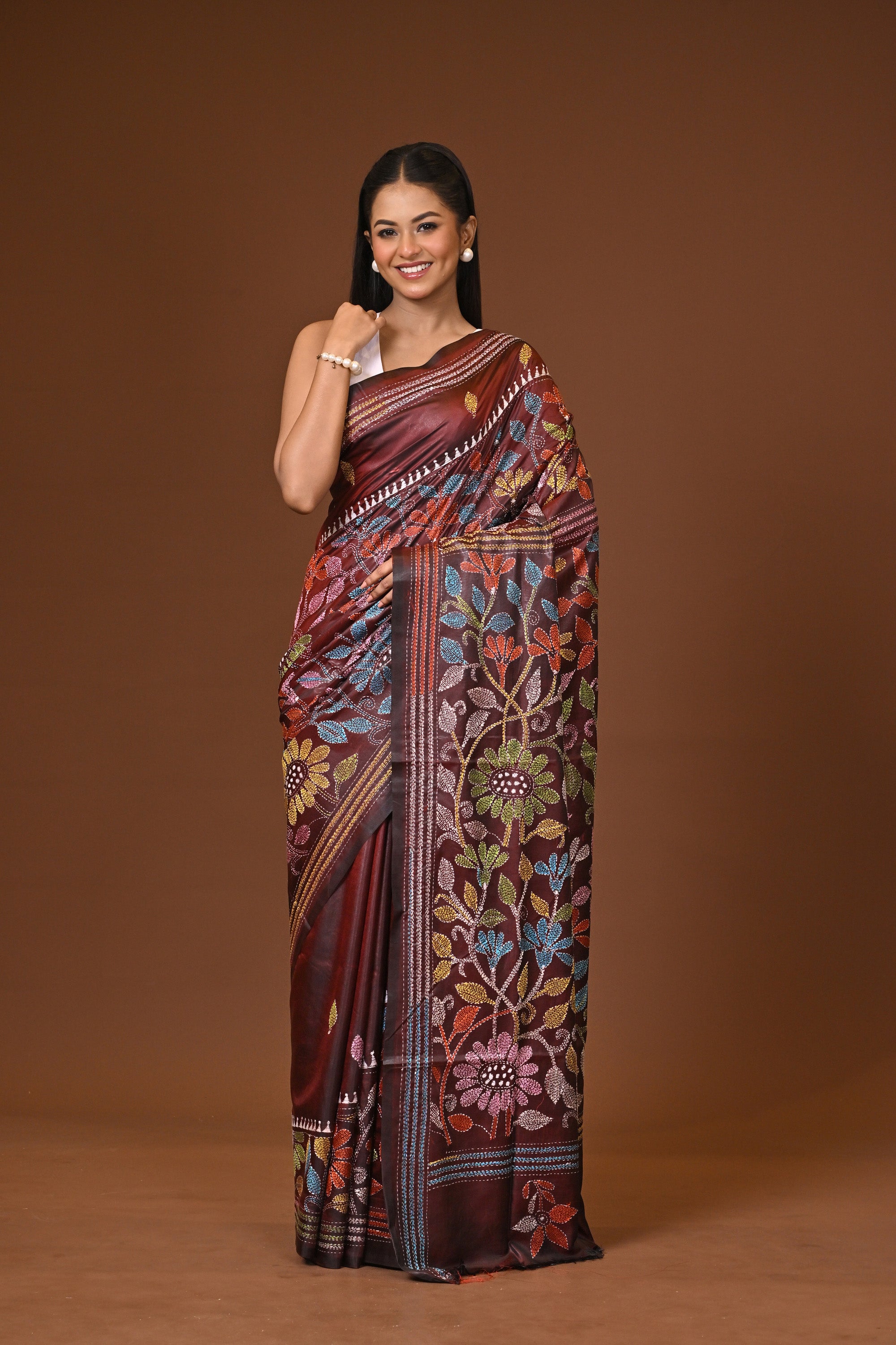 Blended Silk Kantha Stitch Saree Velvet Brown Thumbnail