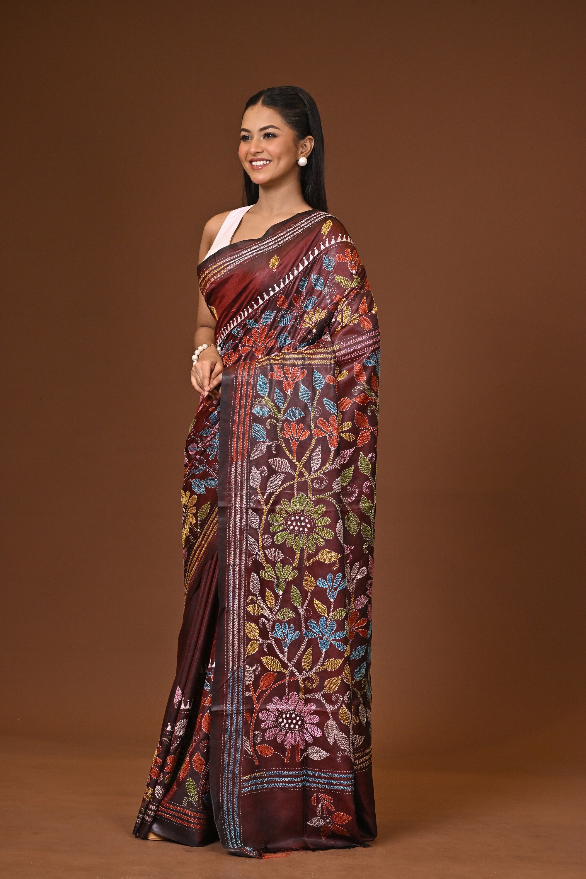 Blended Silk Kantha Stitch Saree Velvet Brown Thumbnail