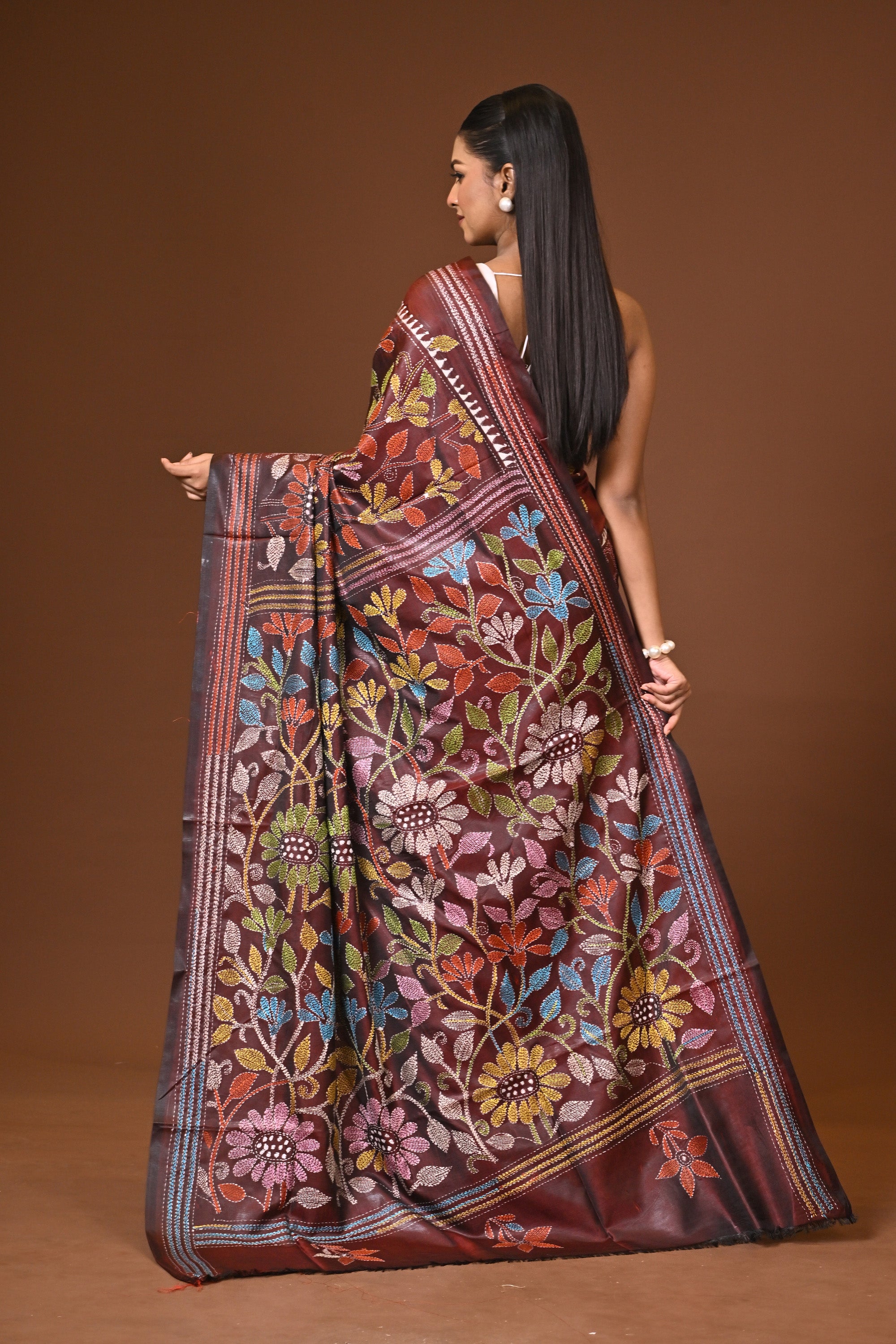 Blended Silk Kantha Stitch Saree Velvet Brown Thumbnail