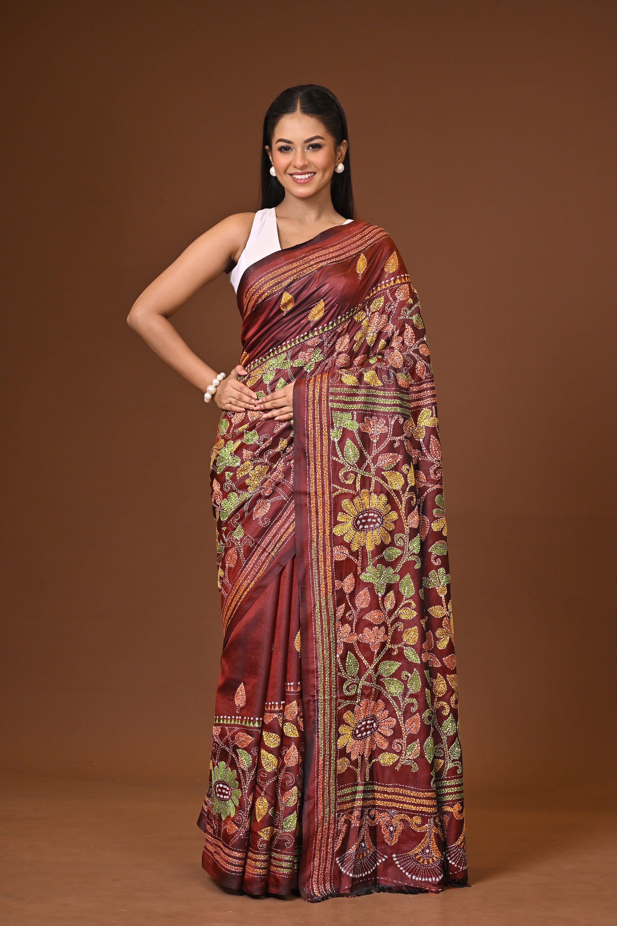 Blended Silk Kantha Stitch Saree Velvet Brown Thumbnail