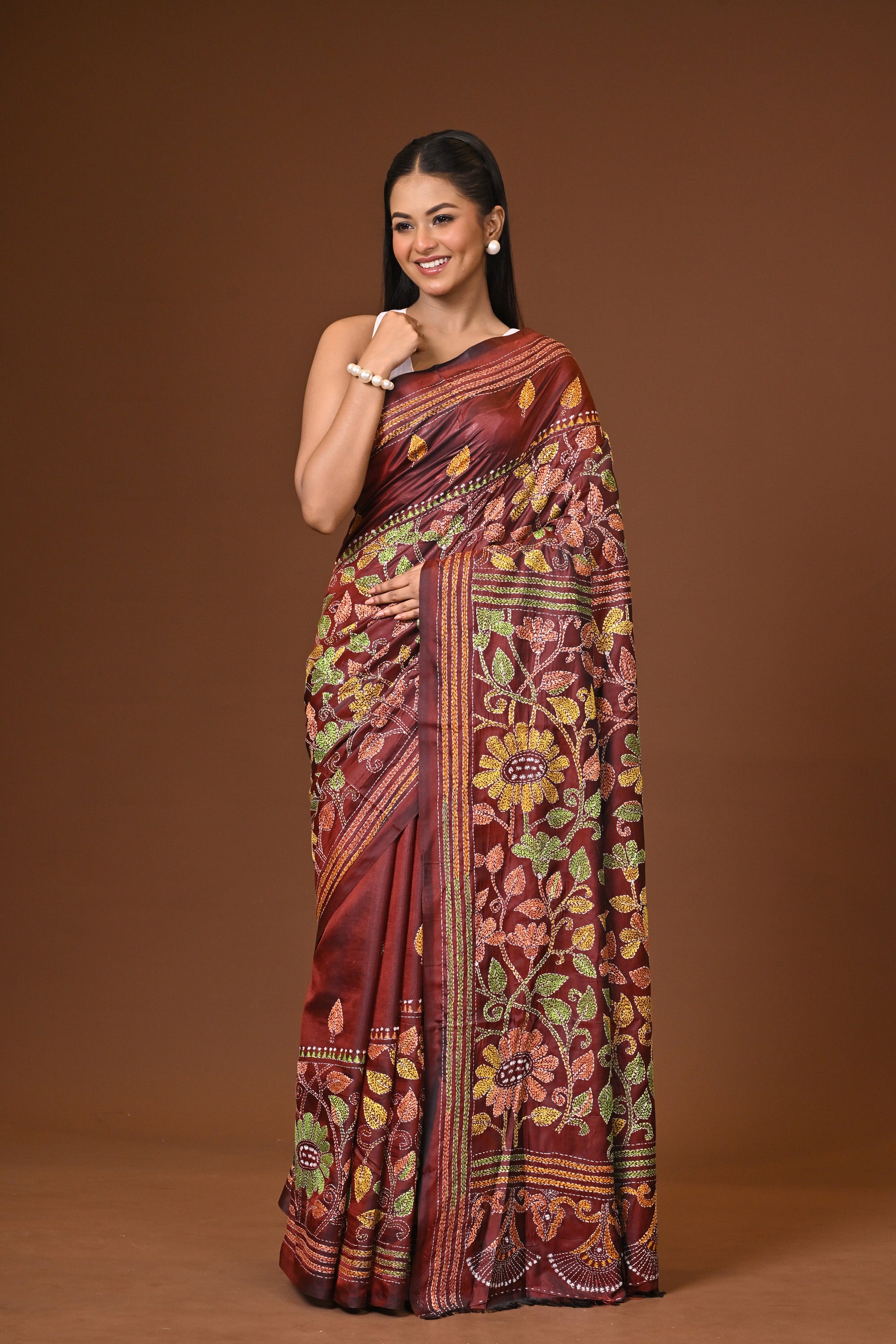 Blended Silk Kantha Stitch Saree Velvet Brown Thumbnail